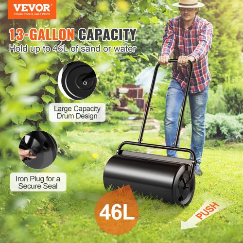 VEVOR Rasenwalze 695x320x1130mm Handwalze Eisen und Q235 Gartenwalze 46L Ackerwalze mit einem Wassereinlass Rasenroller Walze mit U-förmigen Griff Ideal für Gärten Bauernhöfe große Grünflächenparks