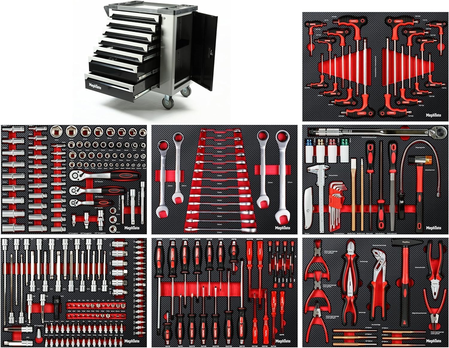 Mephisto Carrello portautensili XXL con 7 cassetti di cui 7 con attrezzi come chiave inglese cricchetto con cassetta per noce cacciavite ecc. Cassetti riempiti con inserti morbidi in effetto carbonio