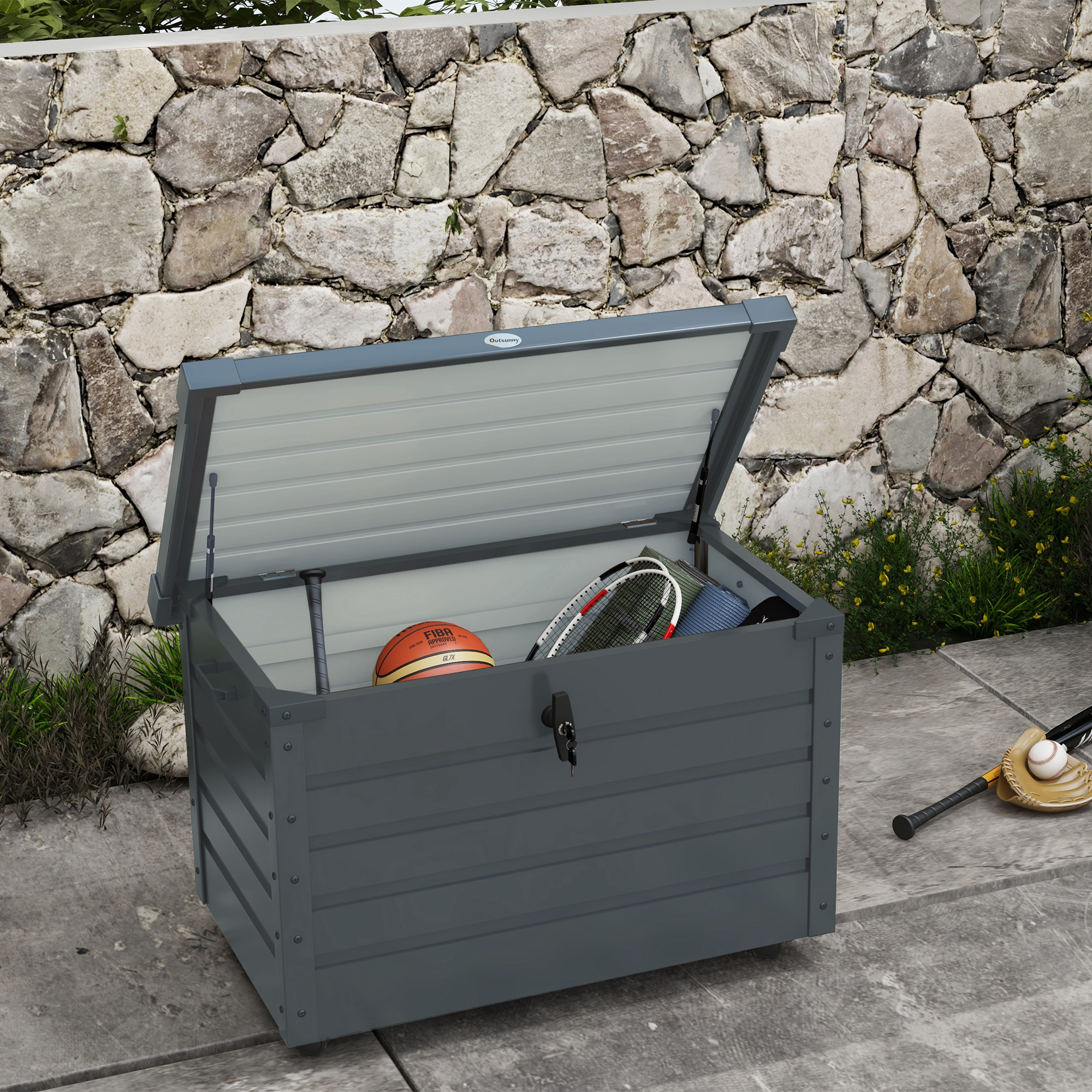 Outsunny Outdoor Aufbewahrungsbox Gartenbox Kissenbox, wetterbeständig, 4 Rollen, 100 cm x 62 cm x 65 cm, Dunkelgrau