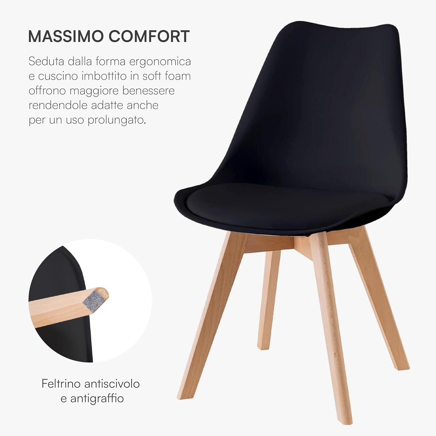 Baroni Home Set di 4 Sedie da Pranzo o Ufficio con Gambe in Legno, Sedia Ergonomica con Cuscino Integrato 57X48X79 cm Bianco