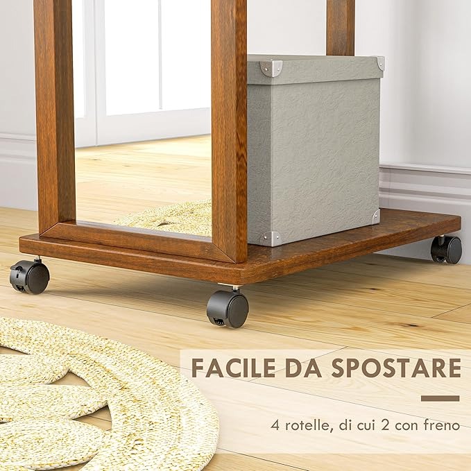 HOMCOM Specchio da Camera e Ingresso con Ripiano Inferiore, Armadio a Specchio con Binario e 4 Ruote, in Legno e Vetro, 35.5x49.5x167.8 cm, color Noce
