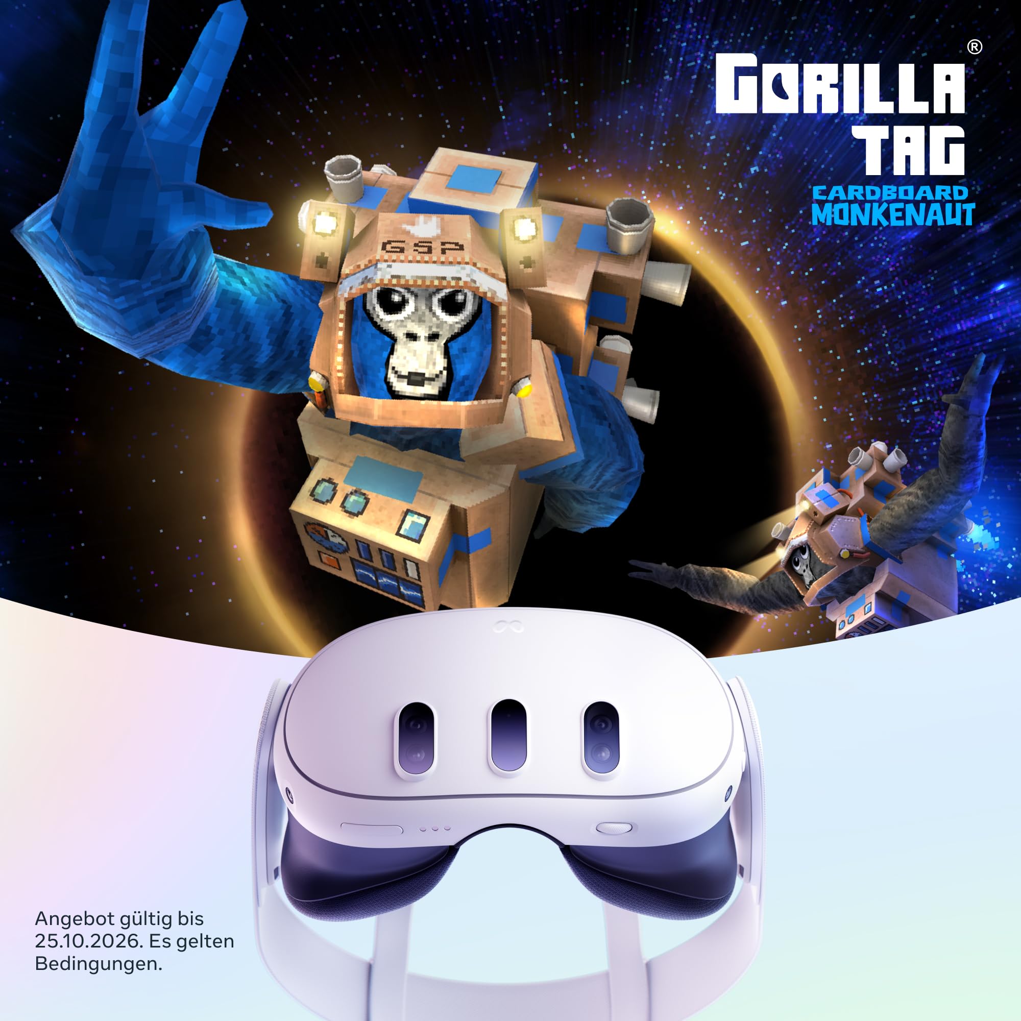 VR-Headset Meta Quest 3 512 GB mit 4K+ Infinite Display, Snapdragon XR2 Gen 2 und Gorilla Tag Cardboard Monkenaut Bundle