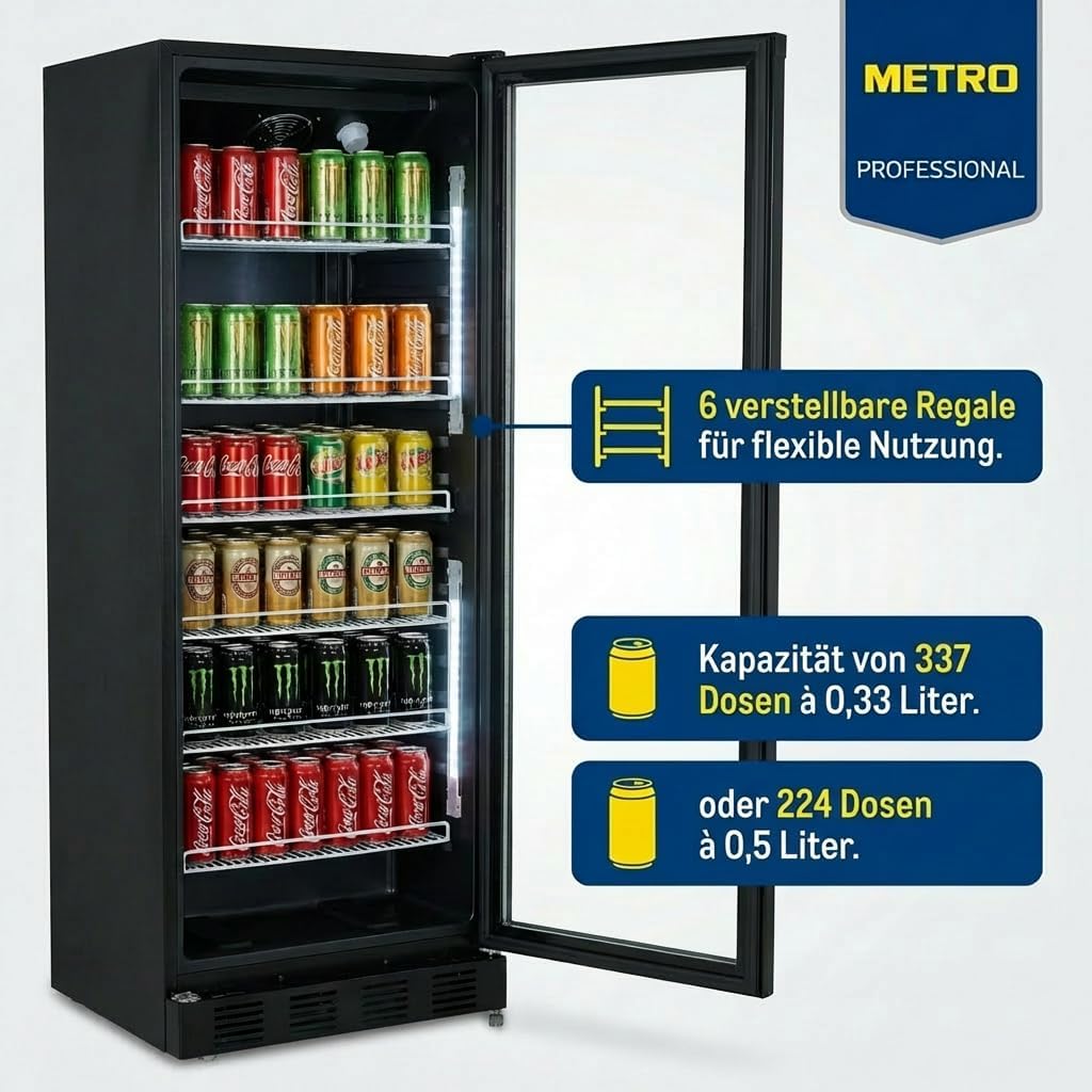 METRO Professional Getränkekühlschrank GSC4280B, Metall/Glas, 280 L, belüftete Kühlung, 210 W, mit Schloss, Schwarz