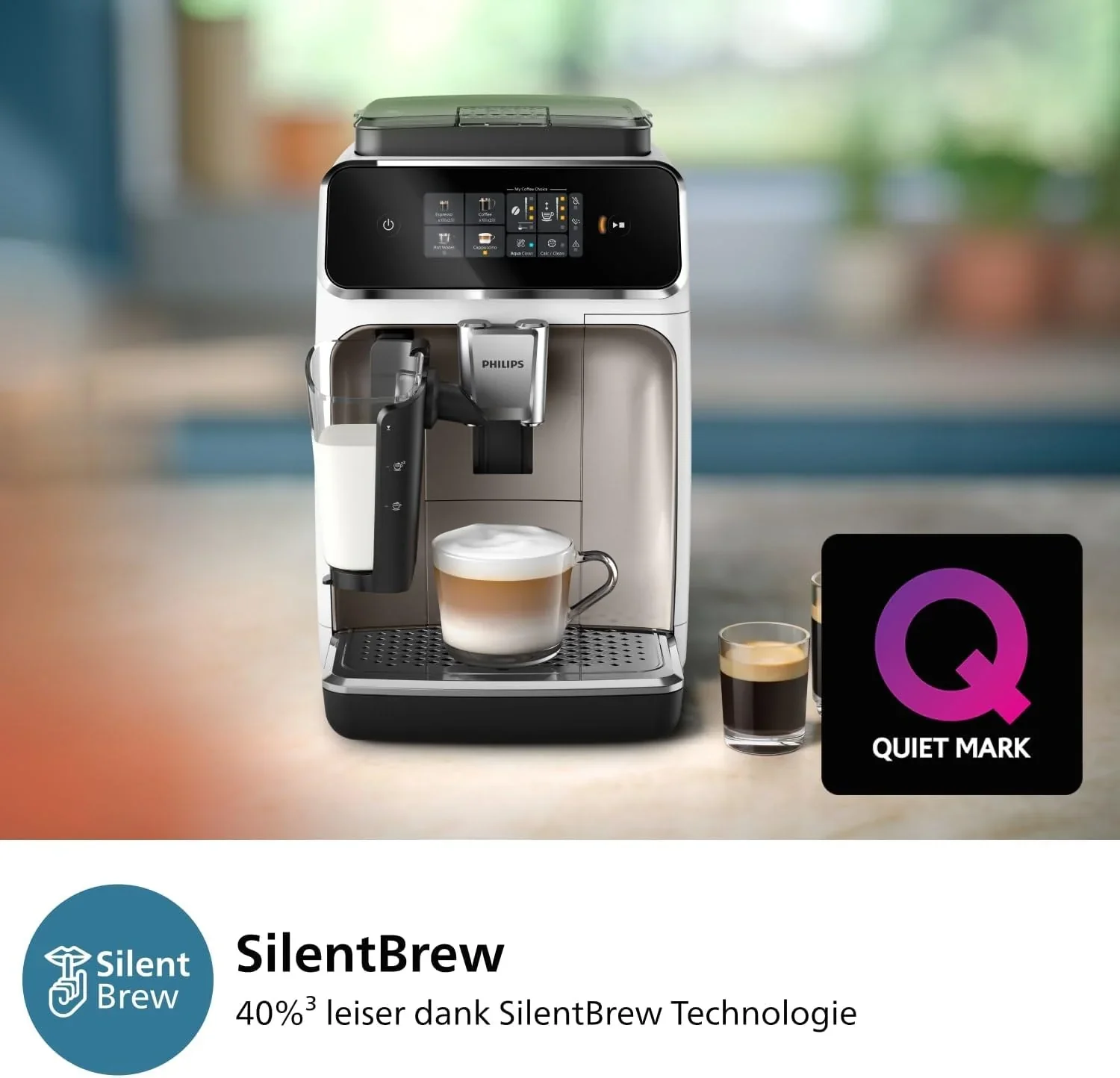 Philips 2300 Serie Vollautomatische Espressomaschine - 4 Getr?nke, modernes Farb-Touchscreen-Display, LatteGo-Milchsystem, SilentBrew, Keramikmahlwerk, AquaClean-Filter. Wei?es Chrom (EP2333/40)
