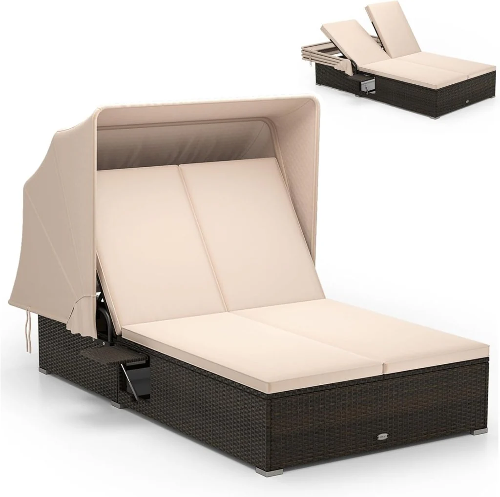 RELAX4LIFE Outdoor Daybed with Retractable Canopy - Wicker Double Chaise Lounge w/6-Position Backrest, 2 Folding Side Trays & Cushions, 2-Seater Loveseat Sunbed for Backyard, Rattan Patio Bed Lounger