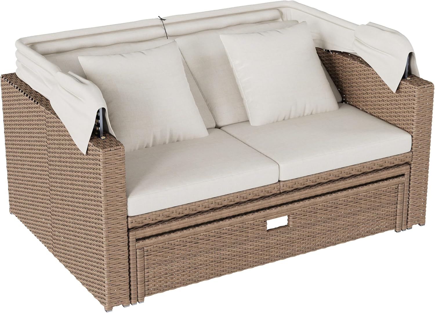 Polyrattan Gartenmöbel für 2-4 Personen, Gartensofa, Loungesofa, Verstellbarer Couchtisch, Abnehmbare Markise, PE-Rattan und Schwamm, Khaki
