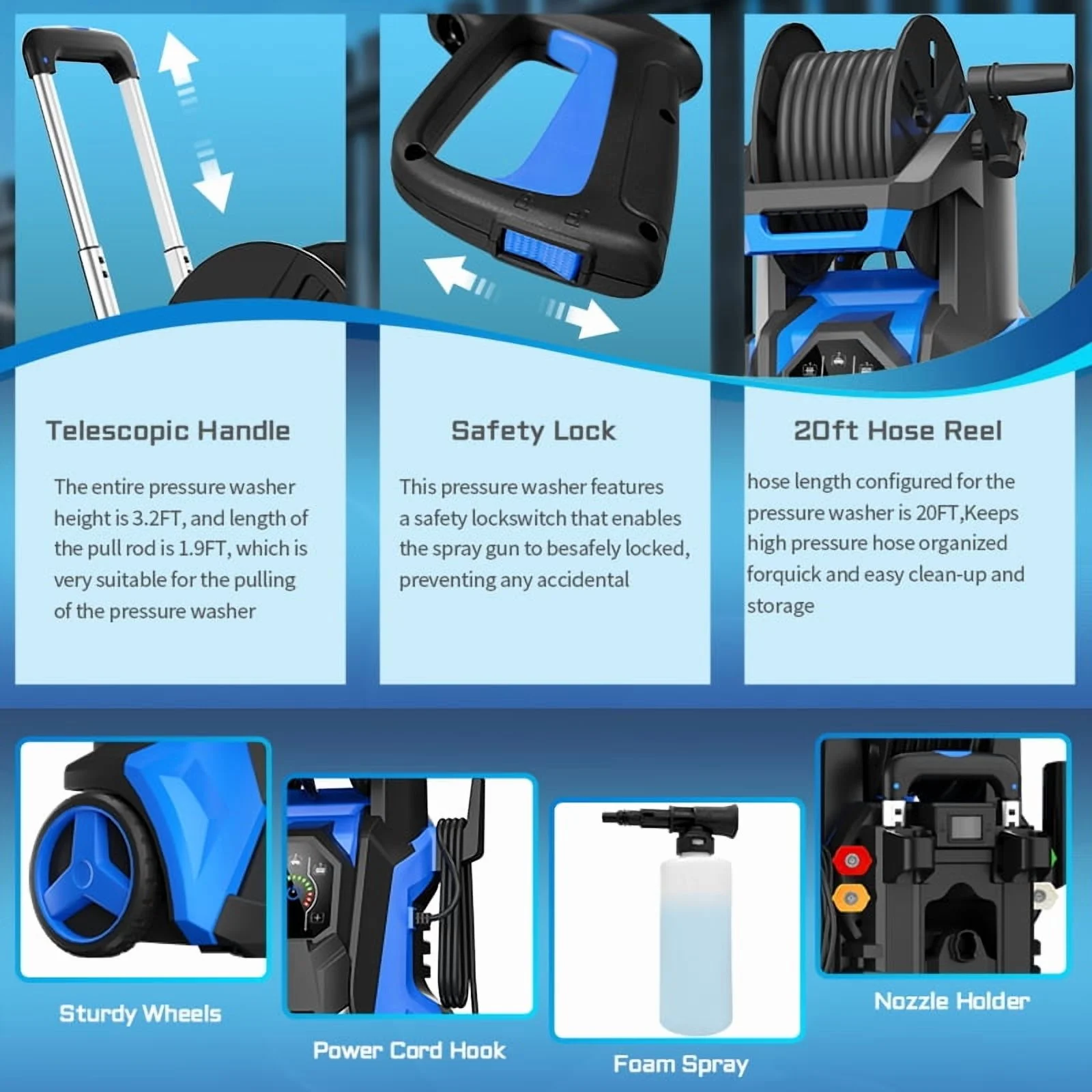 Electric Pressure Washer 5000PSI-Max 3.6GPM Power Washer Touch Screen Adjustable Pressure,4 Nozzles and 500ml Foam Cannon Power Washer Cleaning for Patio Blue