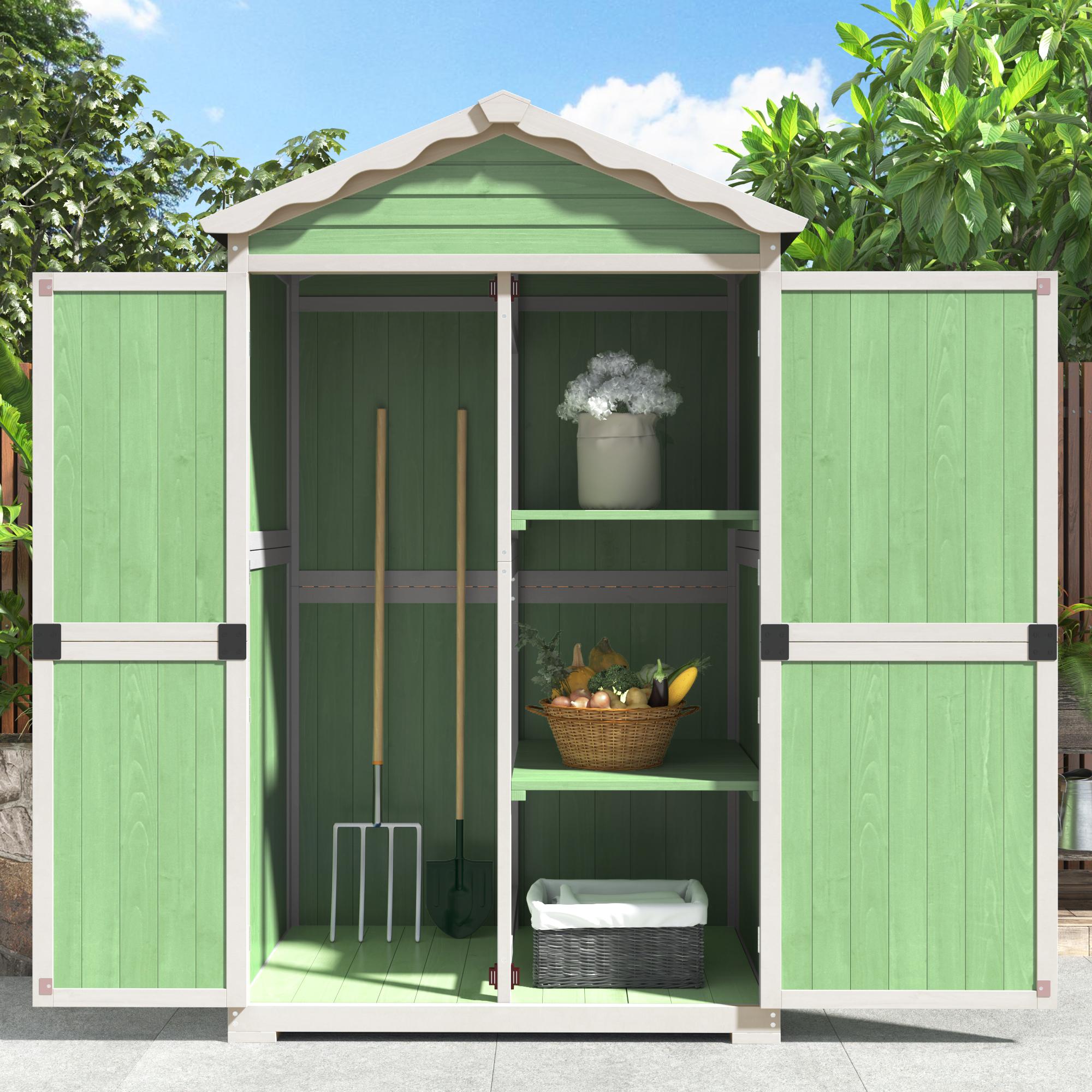 Gartenschrank 93x45x179 cm, Metallischer Design mit stabilen X-Verstärkungen für Garten Geräteschuppen, Outdoor Schuppen, Grün