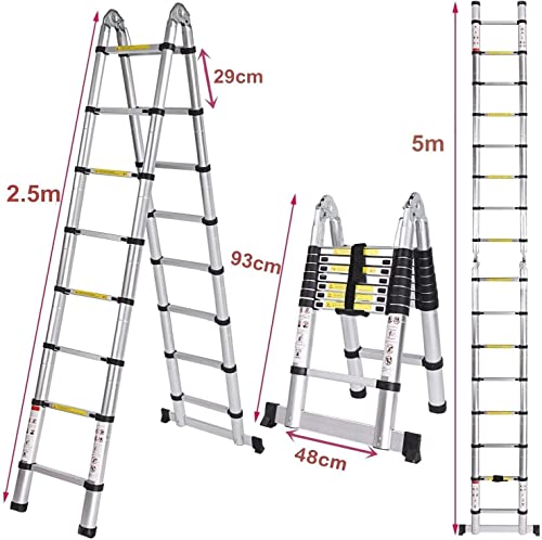 COOCHEER Scala pieghevole da 5 m, scala telescopica, in alluminio, scaletta estensibile, carico massimo 150 kg, leggera e resistente : Amazon.it: Fai da te