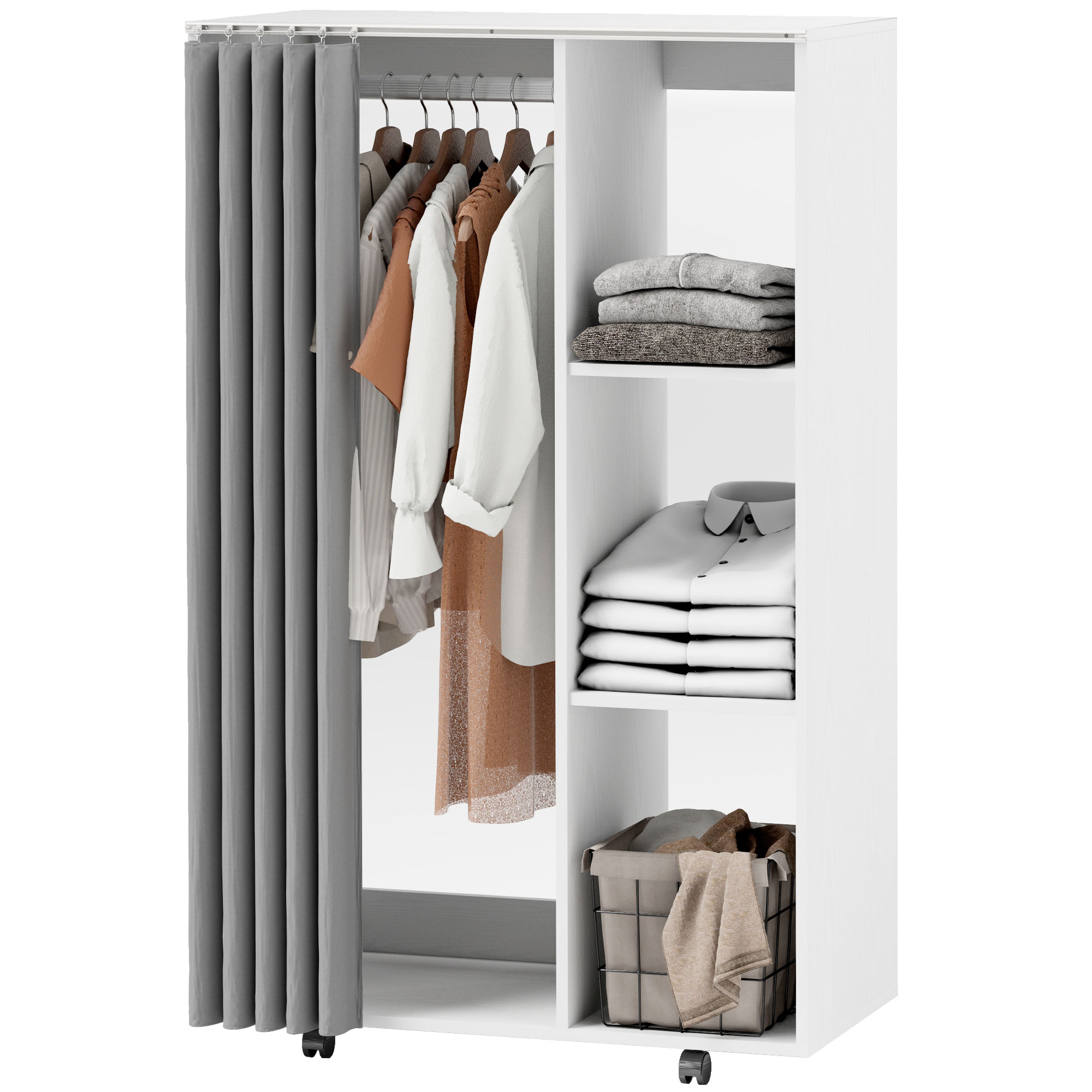HOMCOM Mobiler Kleiderschrank Rollkleiderschrank mit 6 Rollen, Kleiderstange und offenen Regalen, weiß