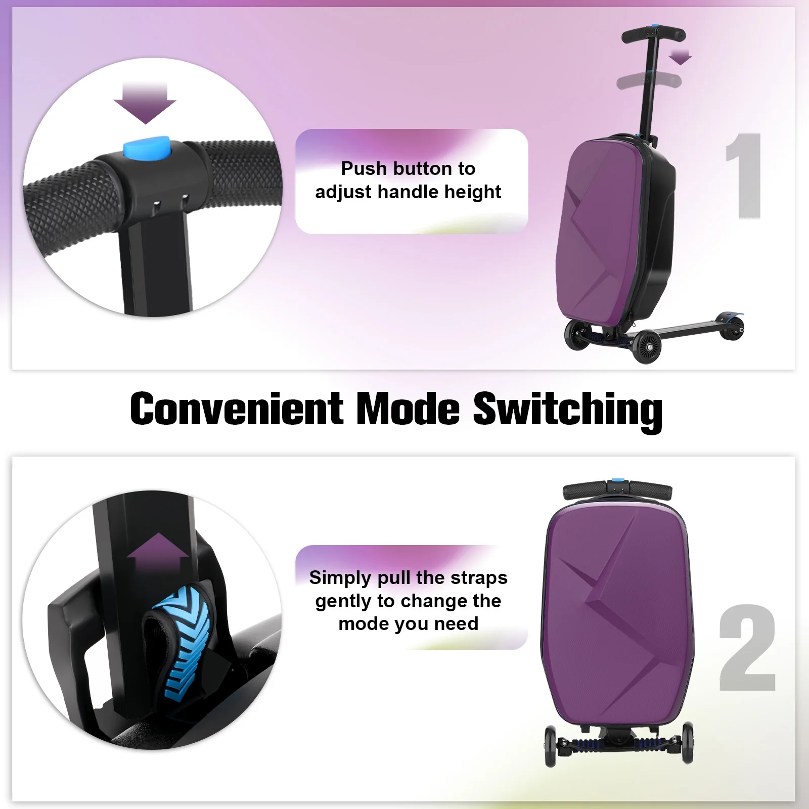 Advwin Scooter Luggage for Kids & Adults, Hardside Ride on Suitcase for Kids Ages 4-15 Multifunctional Lightweight Foldable Carry on Luggage with Wheels Ride on for Children Teenagers, Pink