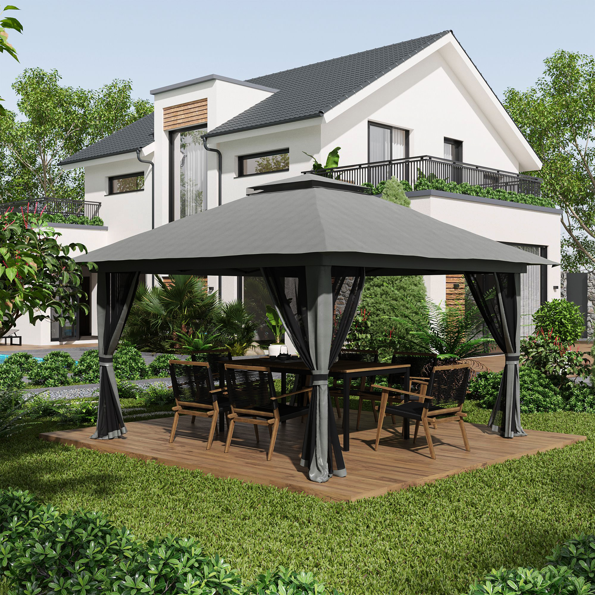 Outsunny Faltpavillon, höhenverstellbar, 4 Netzwände, Lüftungsdach, Tragetasche, Schnellaufbau, dunkelgrau, 4 x 4 x 3 m