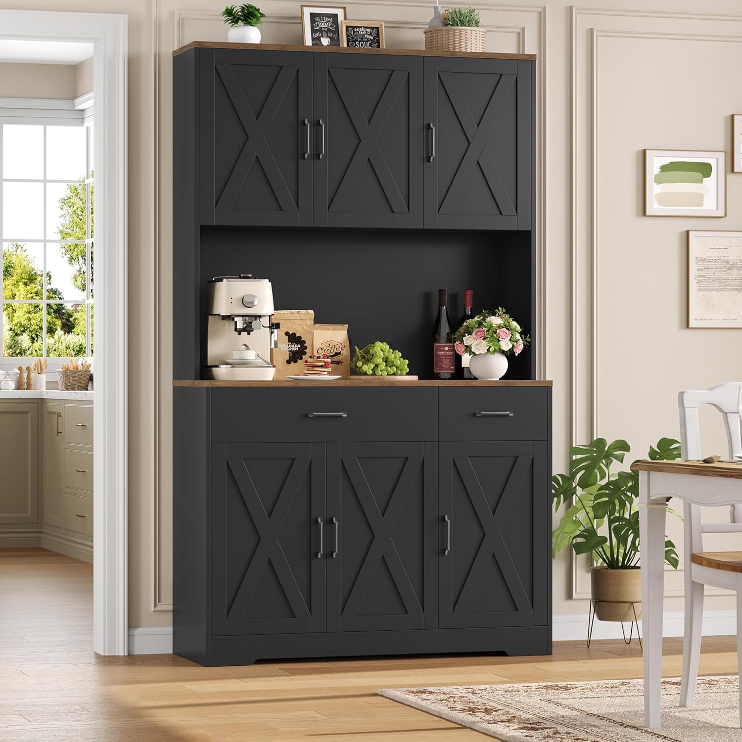 HOCSOK Credenza Cucina 105x180 cm (BxH), Alta Dispensa Cucina con Presa Elettrica, Ripiani Regolabili, Microonde con Ripiani Aperti, mobile soggiorno, Nero