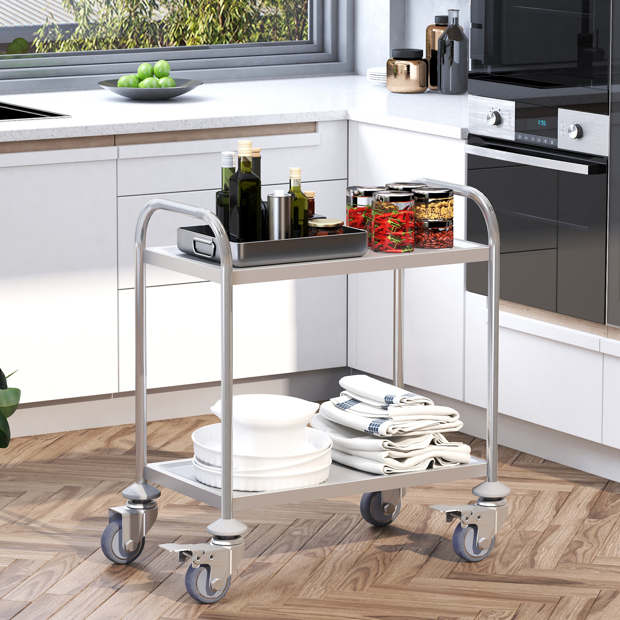 HOMCOM Servierwagen Küchenwagen mit Rollen 2 Regale 71L x 41B x 81H cm aus verchromtem Edelstahl