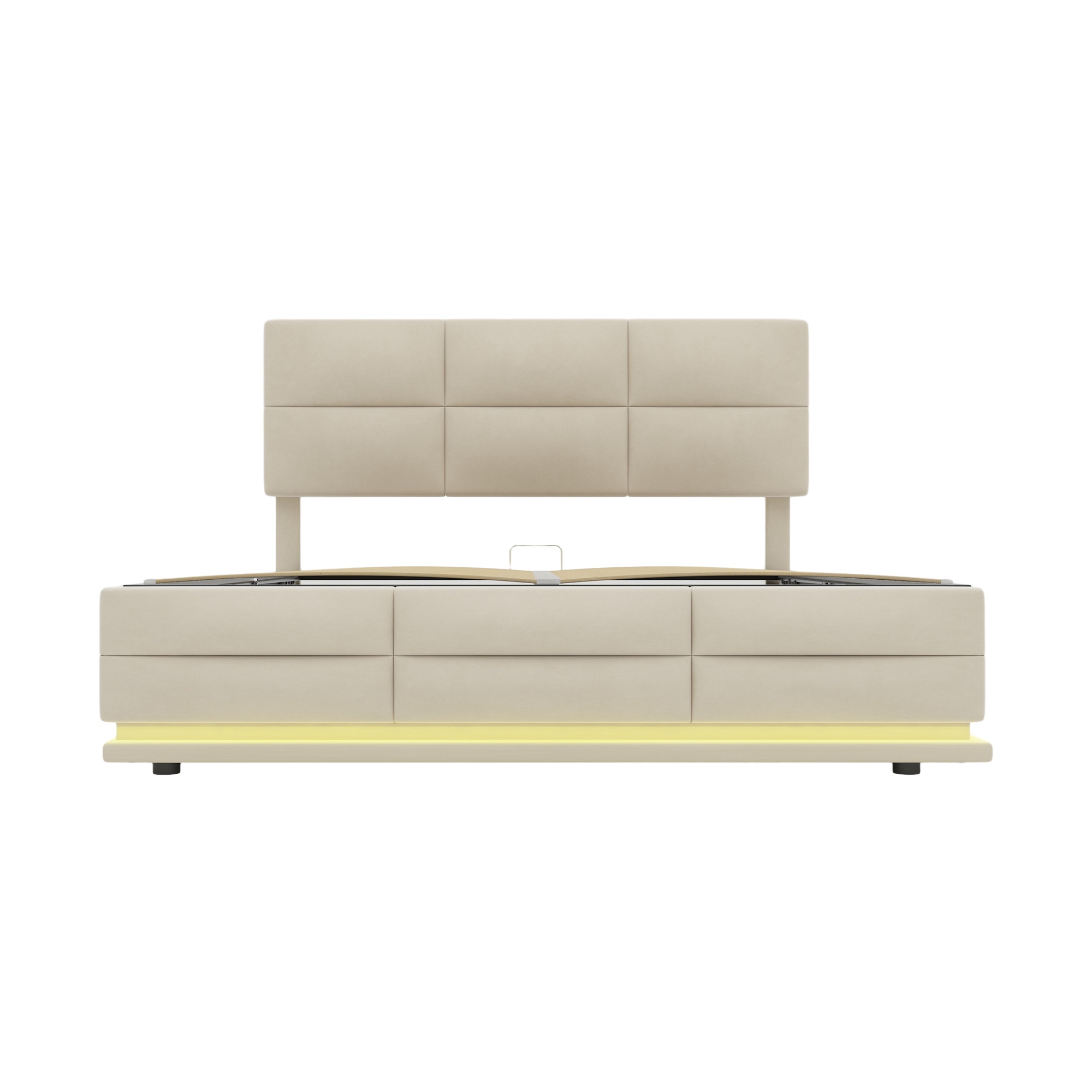 Doppelbett mit Stauraum, LED-Beleuchtung, USB-Ladegerät, 160x200 cm, Samtstoff, Modernes Bett für Familie, Beige