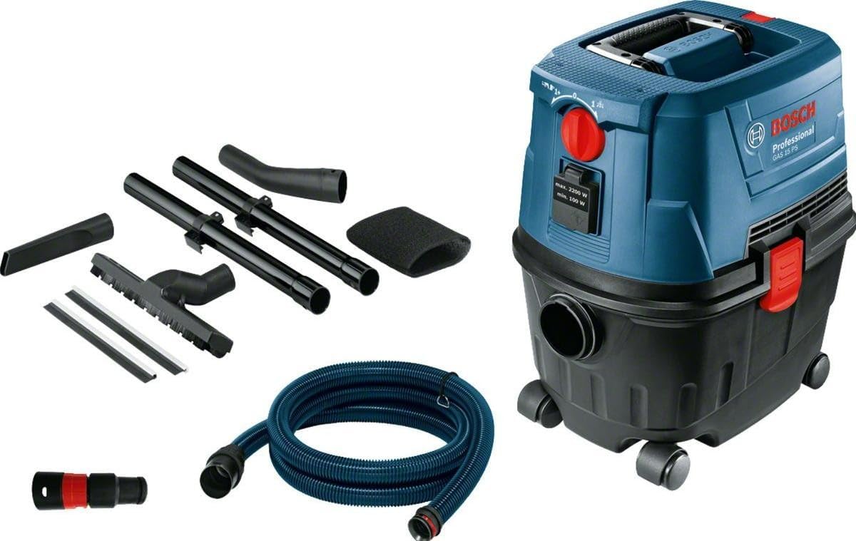 Bosch Professional Aspirapolvere a secco/umido GAS 15 PS (incluso bocchetta per interstizi, gomito, set di bocchette per pavimenti, tubo flessibile da 1x3 m, tubi (2 pezzi)