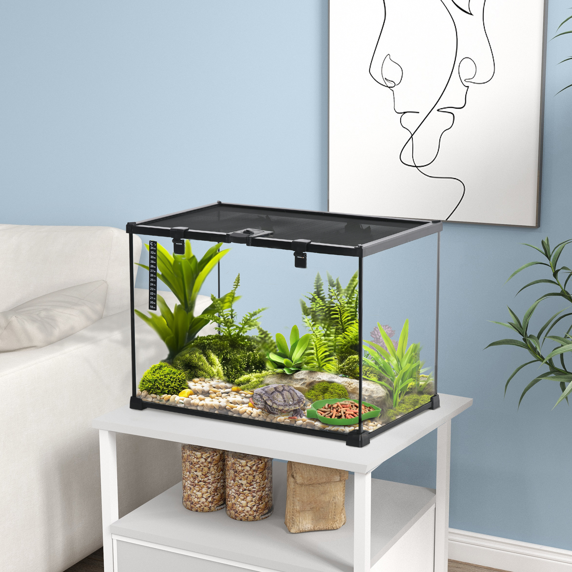 PawHut Terrarium für Reptilien Reptile Fütterungsbox Glasterrarium Amphibien Spinnentiere mit Thermometer Reptilienzuchtbox Metall Schwarz 50 x 30 x 35 cm