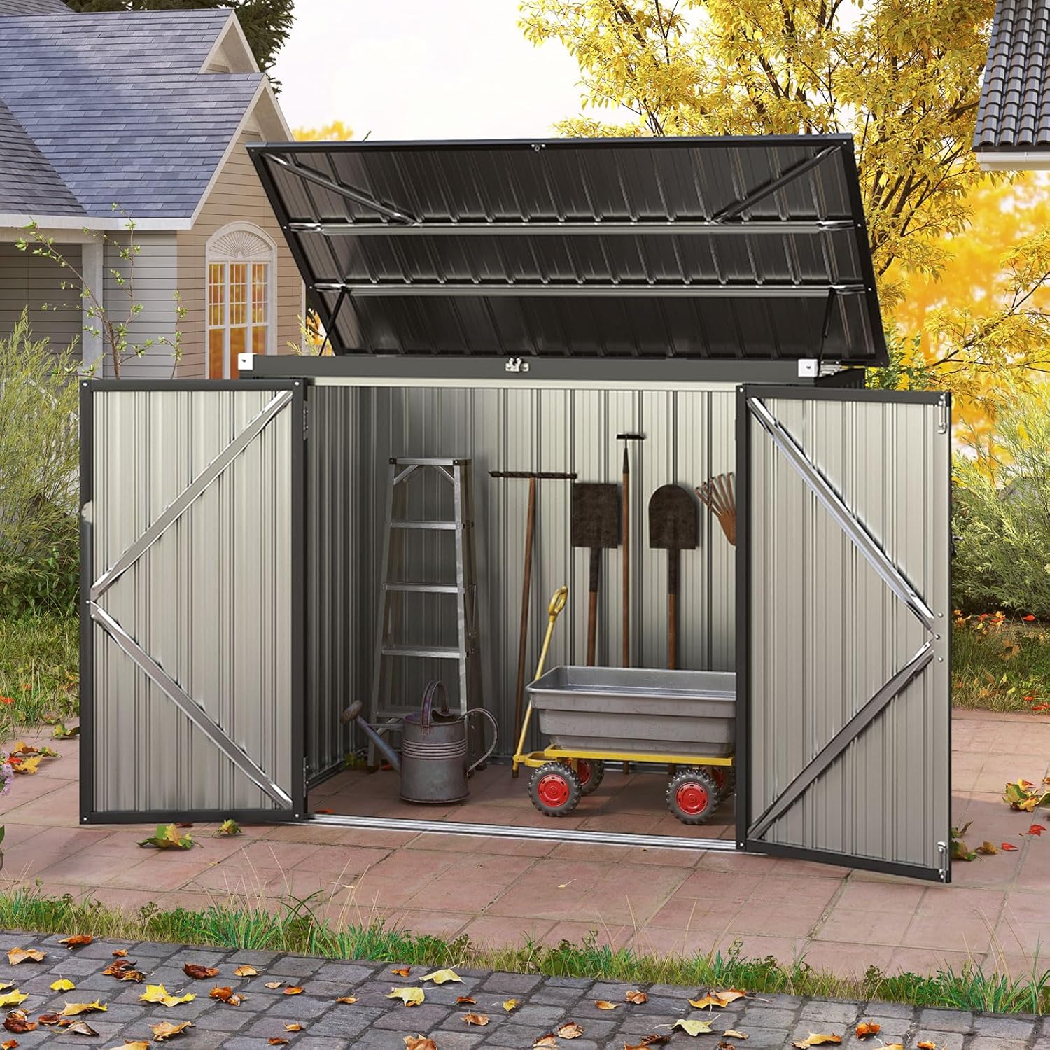 GOPLUS Gerätehaus Metall 1,5 m², Geräteschuppen mit Klappdeckel & 2 Türen, Mülltonnenbox Müllhaus für 2 Mülltonnen, Gartenschuppen Gartengerätehaus für Farm, Terrasse, 172 x 101 x 130 cm (Dunkelgrau)