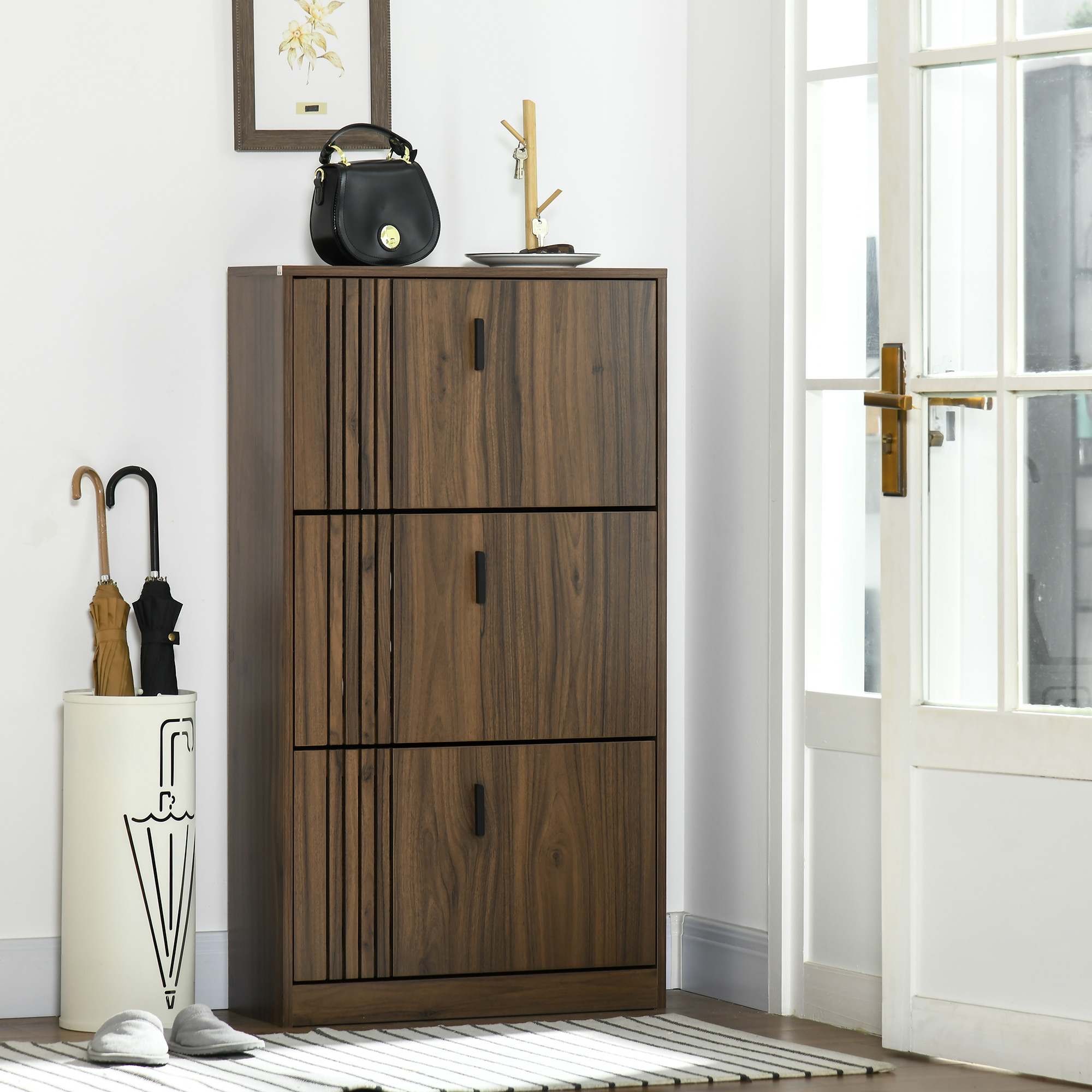 HOMCOM Schuhschrank mit 3 Klappen 18 Paare hohe Kapazität für Eingang Flur Wohnzimmer 63 x 24 x 117 cm dunkel Nussbaum