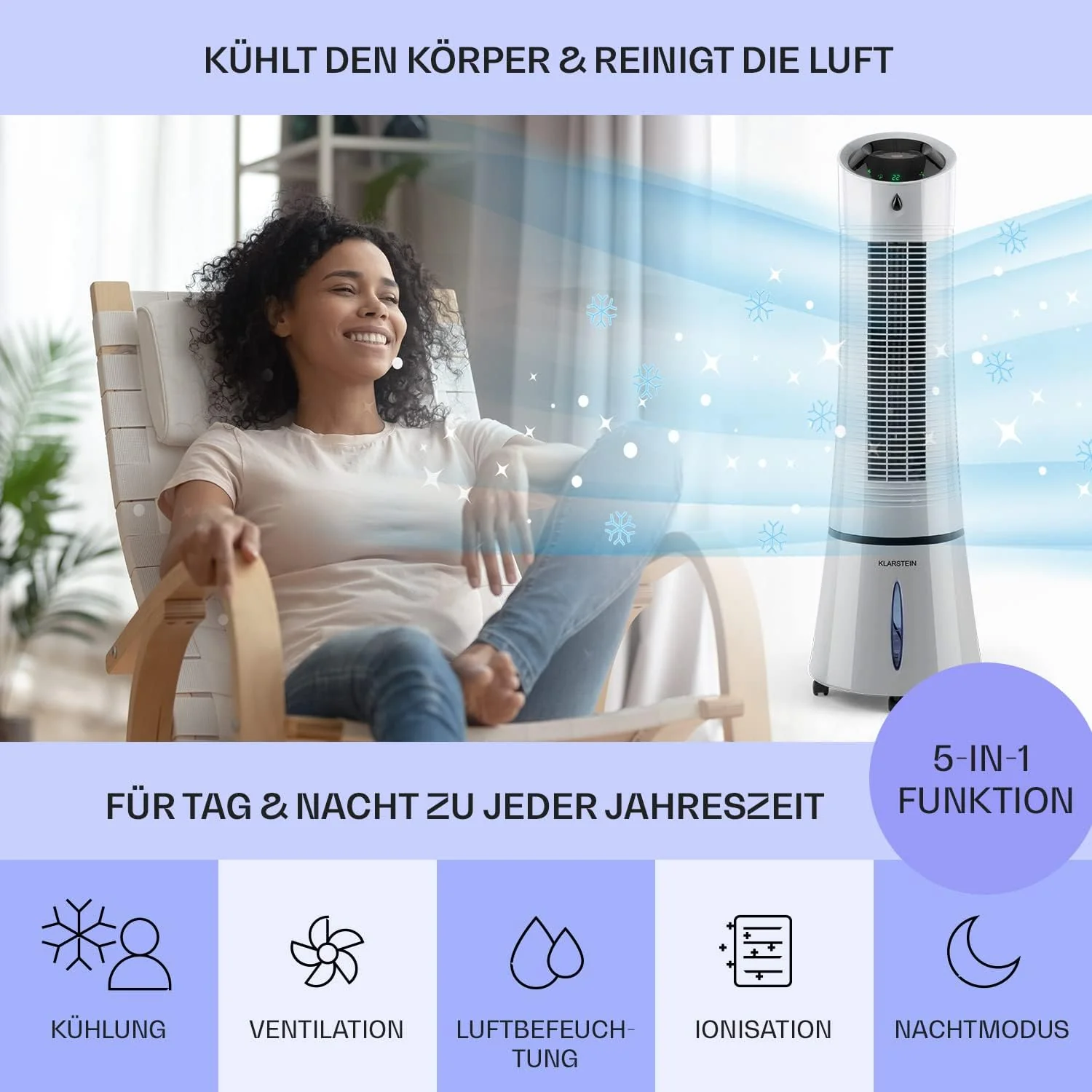 Klarstein 4-in-1: Slimme luchtkoeler, ventilator, luchtbevochtiger & ionisatie I 6 L watertank, oscillatie, 30 W, 210 m3/u, timer I Klimaatregelaar zonder afvoerslang, Mobiele airconditioner, Zwart-ros��goud