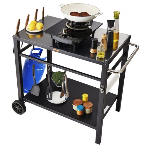 VEVOR Outdoor BBQ Servierwagen Doppelregal Mobiler Küchenwagen Zubereitung