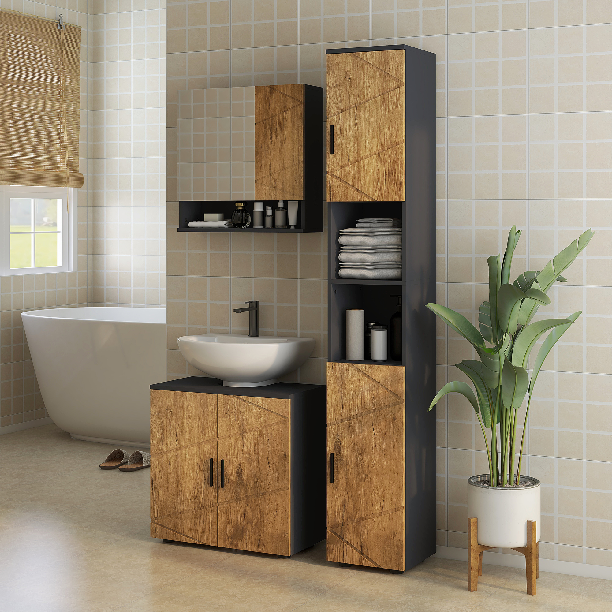 kleankin Stand Badezimmerschrank Aufbewahrungsschrank 2 Türen verstellbares Regal 2 Nischen 30 x 30 x 183 cm Eiche Dunkelgrau