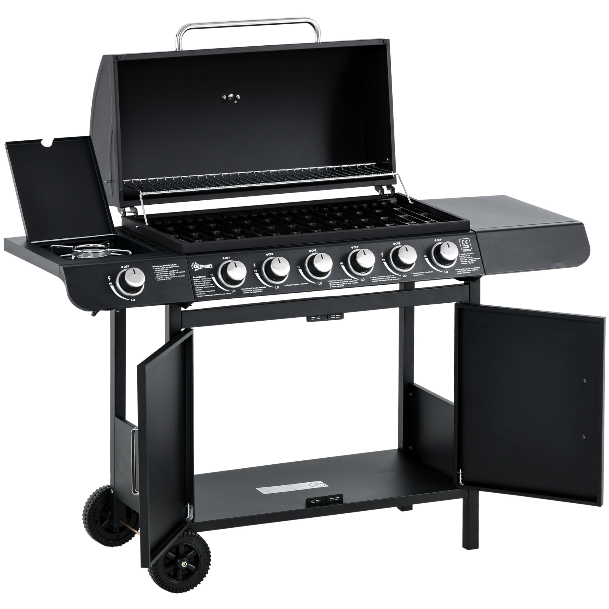 Outsunny Gasgrill mit 7 Brennern, inkl. Thermometer,  BBQ -Grill, mobiler Grill, Schwarz