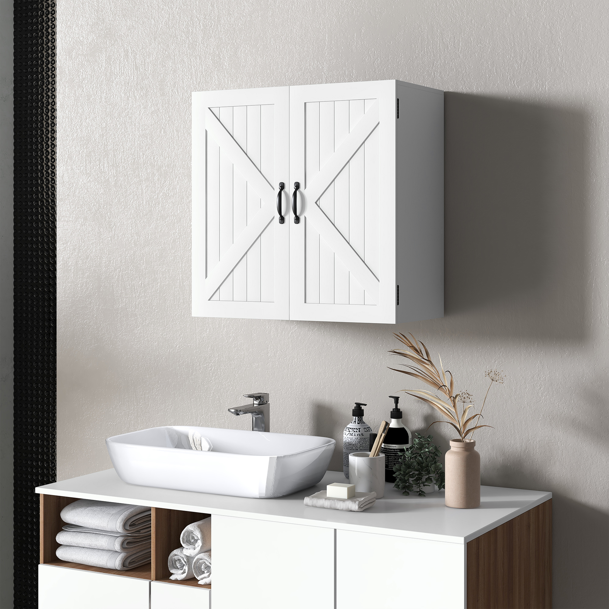 kleankin Badezimmerschrank Wandschrank aus Holz im Landhausstil mit verstellbarem Regal, 60x30x60cm, Weiß
