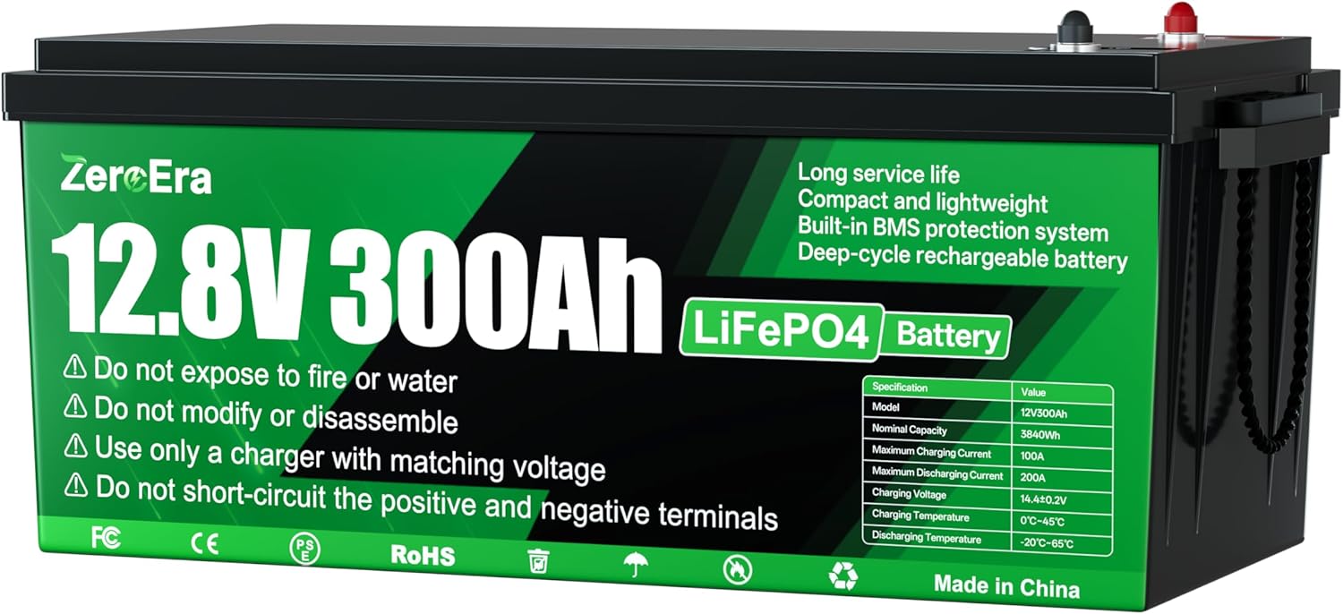 LiFePO4 Batterie 12V 300Ah,3840Wh Lithium Battery mit Temperaturschutz von 200A BMS,15000+ Deep Cycle, Unterstützt Serien/Parallelschaltung für Haushaltsspeicher,Wohnmobil