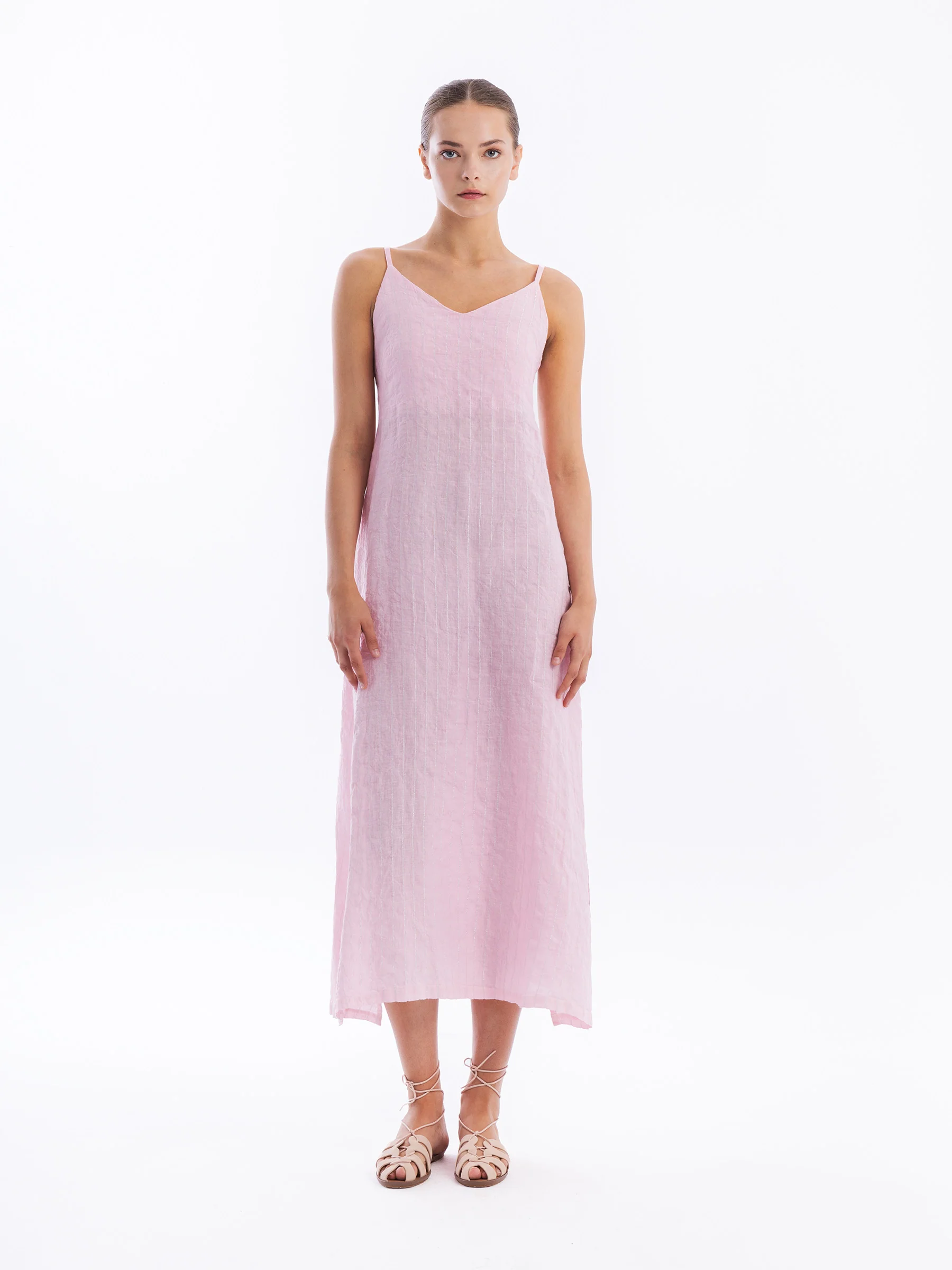 Maxi Striped Linen Dress with Straps & Slits �� Haris Cotton