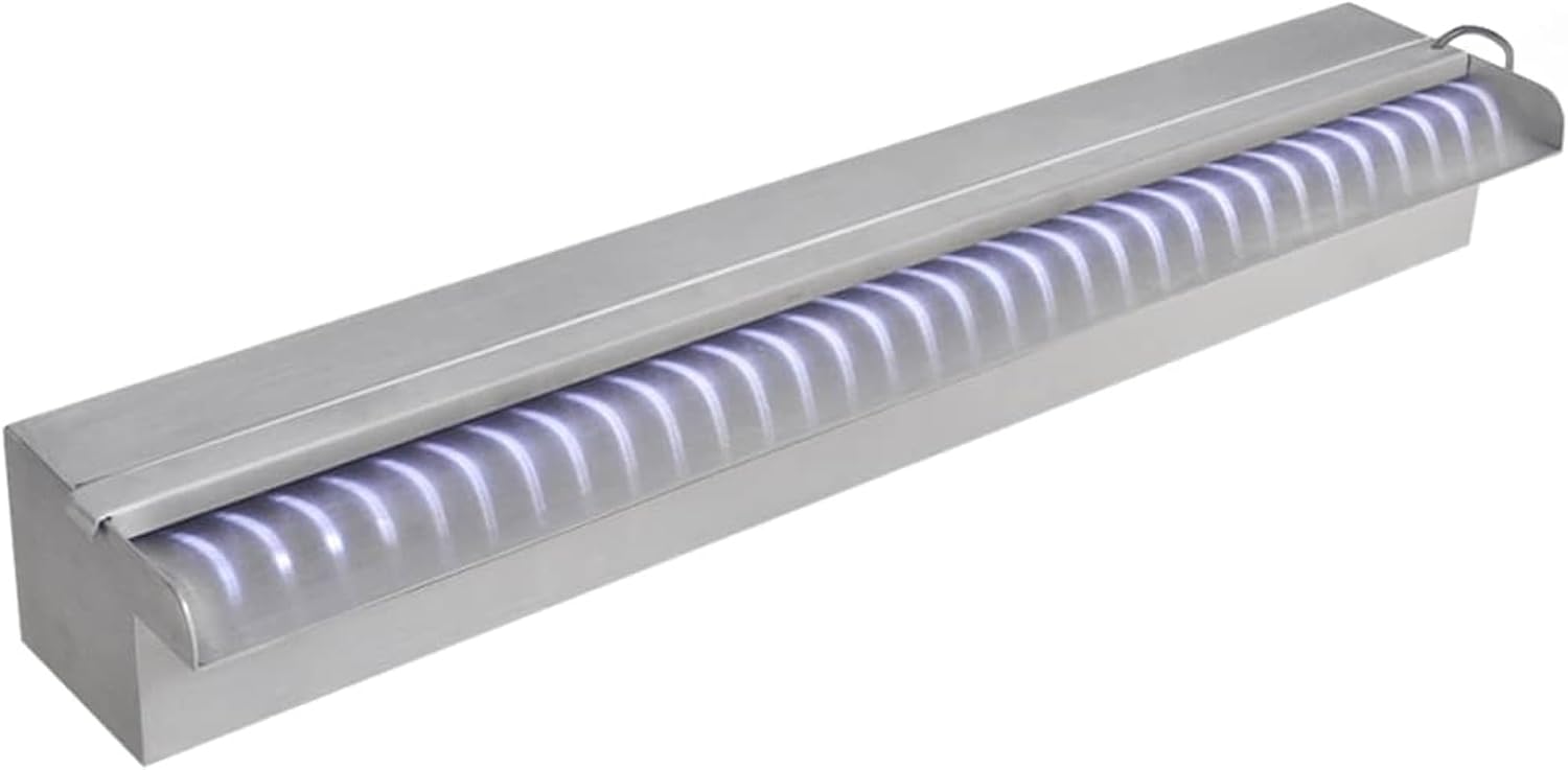 Gecheer Pool Fontäne mit LED Beleuchtung, Rechteckige Edelstahl Wasserfall Fontäne 60 cm, 33 weiße LEDs, 5m Kabel, für Pool und Teich