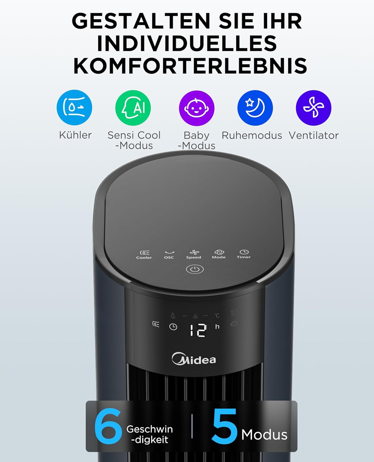 Midea Sensicool Luftkühler mit 7L Wasserkühlung | Mobile Klimaanlage ohne Abluftschlauch | Ventilator mit Wasserkühlung | 2000m³/h Verdunstungskühler, 6 Geschwindigkeiten, Touch-Display (Blau)