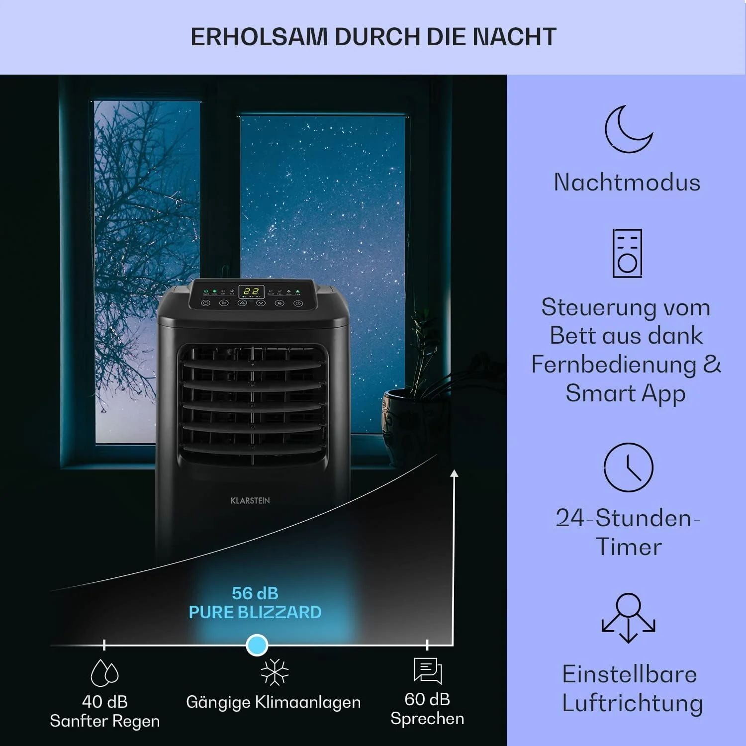 Klarstein Mobiele Airco met Afvoerslang, 3-in-1 Airconditioner met Ventilator & Luchtontvochtiger, Kleine & Draagbare Airco voor Thuis & op Kantoor, met Nachtmodus & App-bediening, 7000 BTU