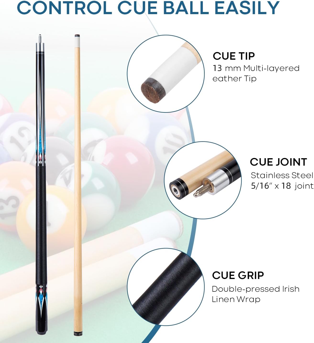 Sinsilvie 13mm 58 Pollici 19 20 Once Stecche Biliardo Pool,1/2 Maple Pool Cue Stick,Bastone da Biliardo da Bar per Uomini e Donne.