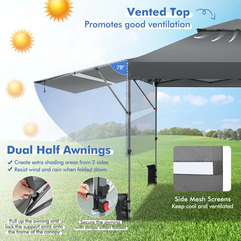 10 x 17.6 FT Outdoor Instant Pop-up Canopy Tent for Market Picnic with Dual Half Awnings & Wheeled Bag