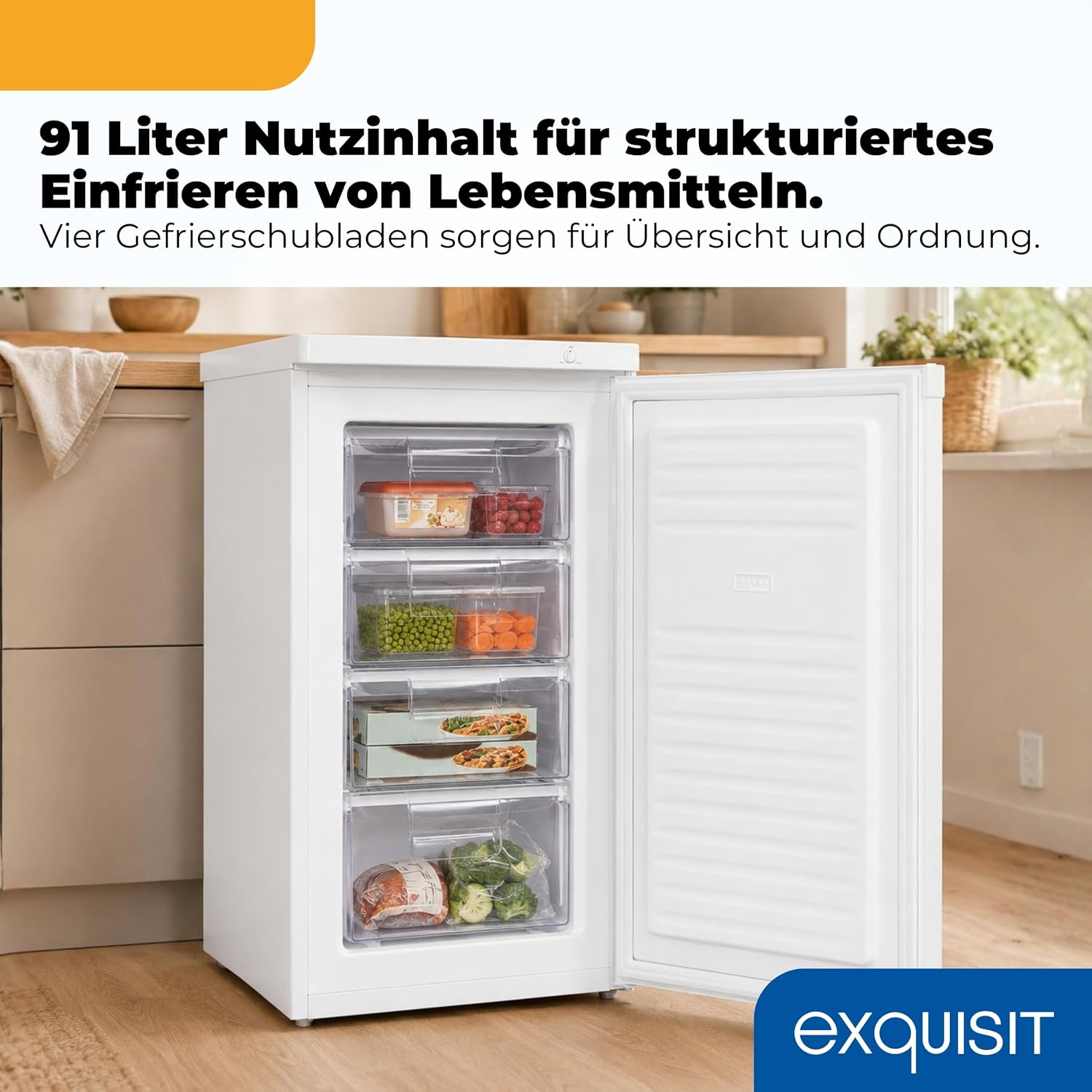 Exquisit Gefrierschrank | 91 l Nutzinhalt, Energieeffizienzklasse E, 40 dB(A) | kompakte Bauform, 4-Sterne-Gefrieren, manuelle Temperaturregelung, wechselbarer Türanschlag | GS512-040E weiss
