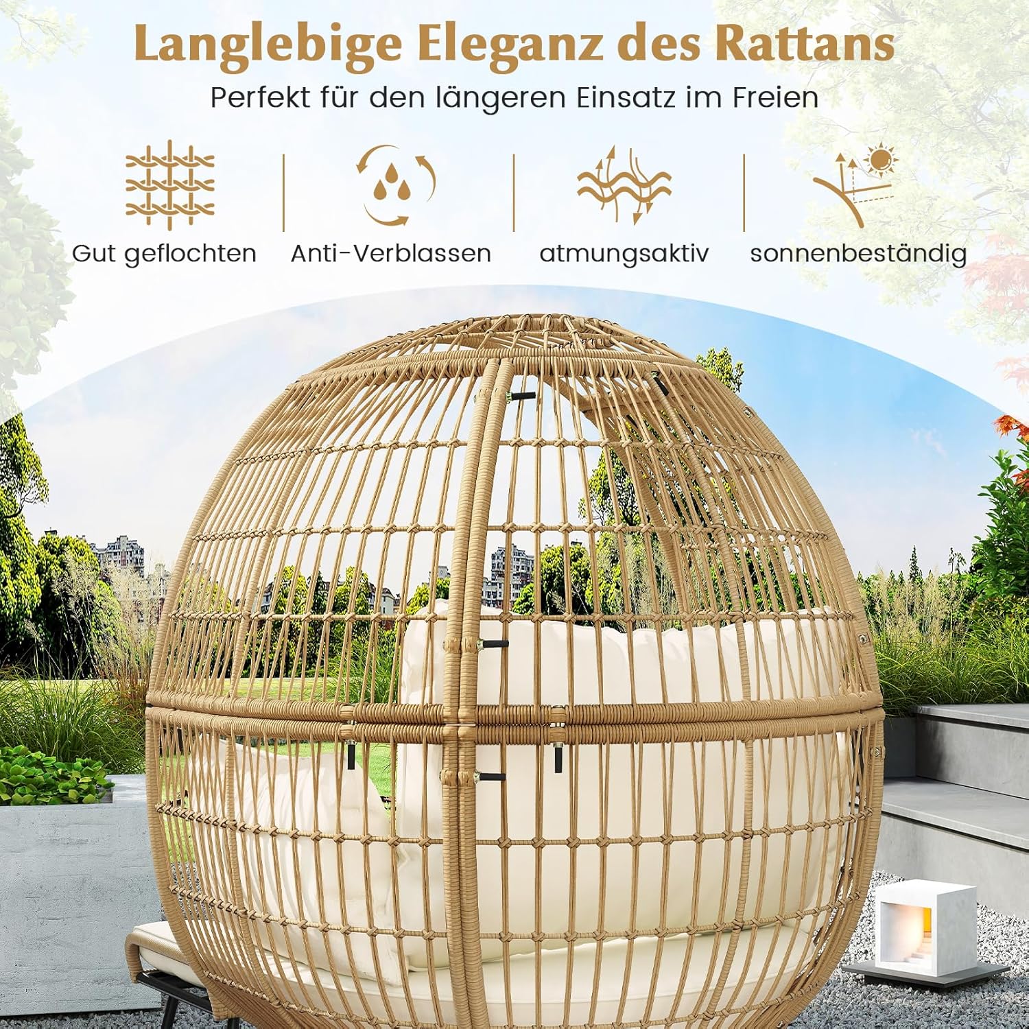 COSTWAY Korbsessel Rattan mit Hocker, übergroßer Gartensessel mit Kissen und Metallgestell, Rattansessel XXL, Loungesessel für Balkon, Garten, Wohnzimmer, Terrasse, Beige