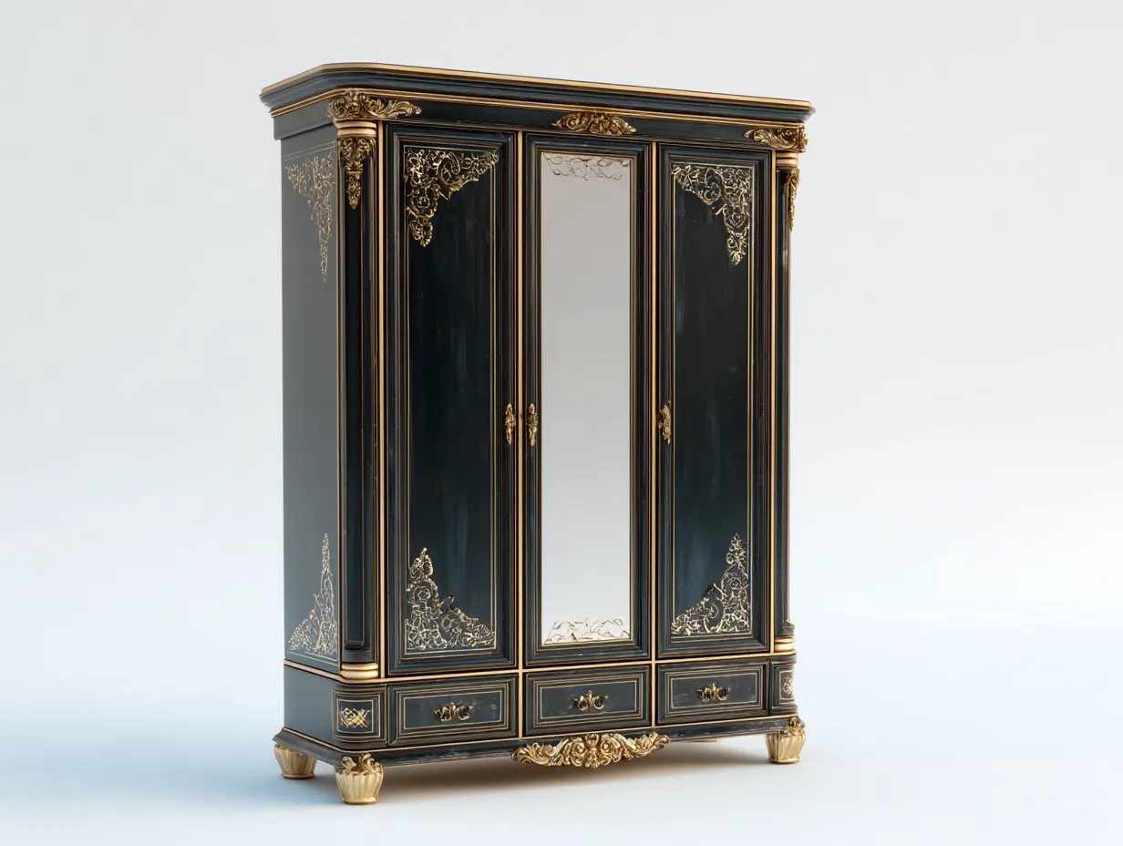Kleiderschrank-Holz-Metall-Spiegel-184 x 61 x 218 cm-Schwarz-Gold-Klassischer Stil
