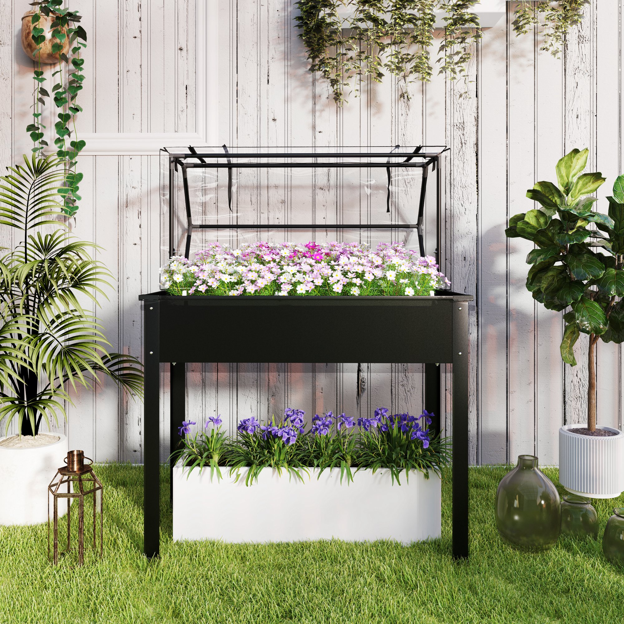 Verhoogde Tuinbak met Kasdak, Verhoogde Plantenbak met Afvoergaten, 100 x 48 x 124 cm, Zwart