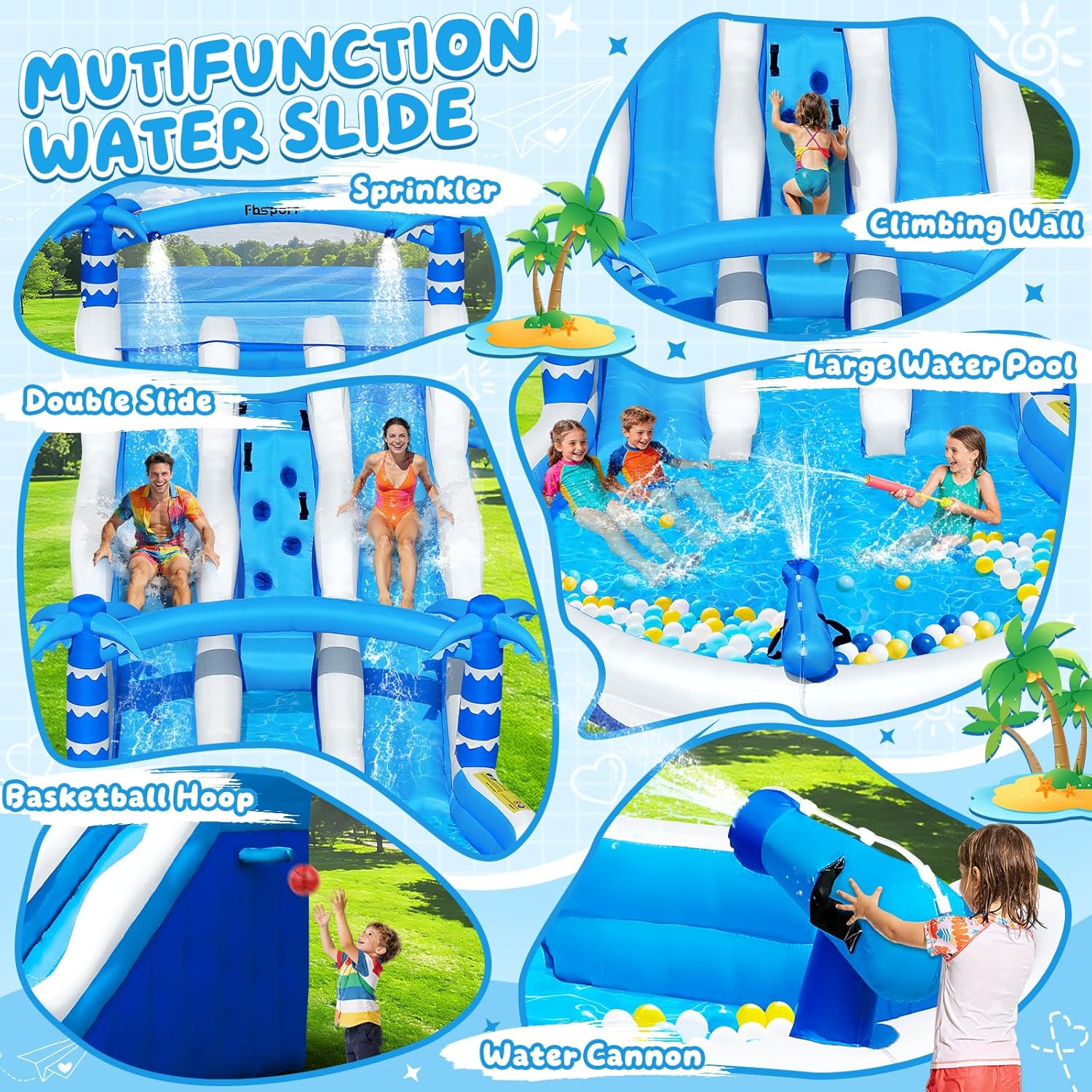 Hüpfburg XXL mit 2 Wasserrutsche für Gewerblichen Erwachsene & Kinder, Aufblasbare Bouncy Castle für Indoor Outdoor mit Gebläse Größe Pool Rutsche Korb Sprinkleranlage und Kletterwand, 630x290x285 cm