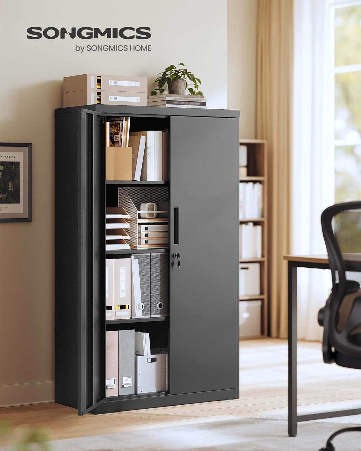 SONGMICS Aktenschrank, Metallschrank, Aufbewahrungsschrank, Büroschrank abschließbar, mit 2 Türen, aus Stahl, 80 x 40 x 140 cm, 3 verstellbare Ablagen, Mattschwarz OMC020BD01