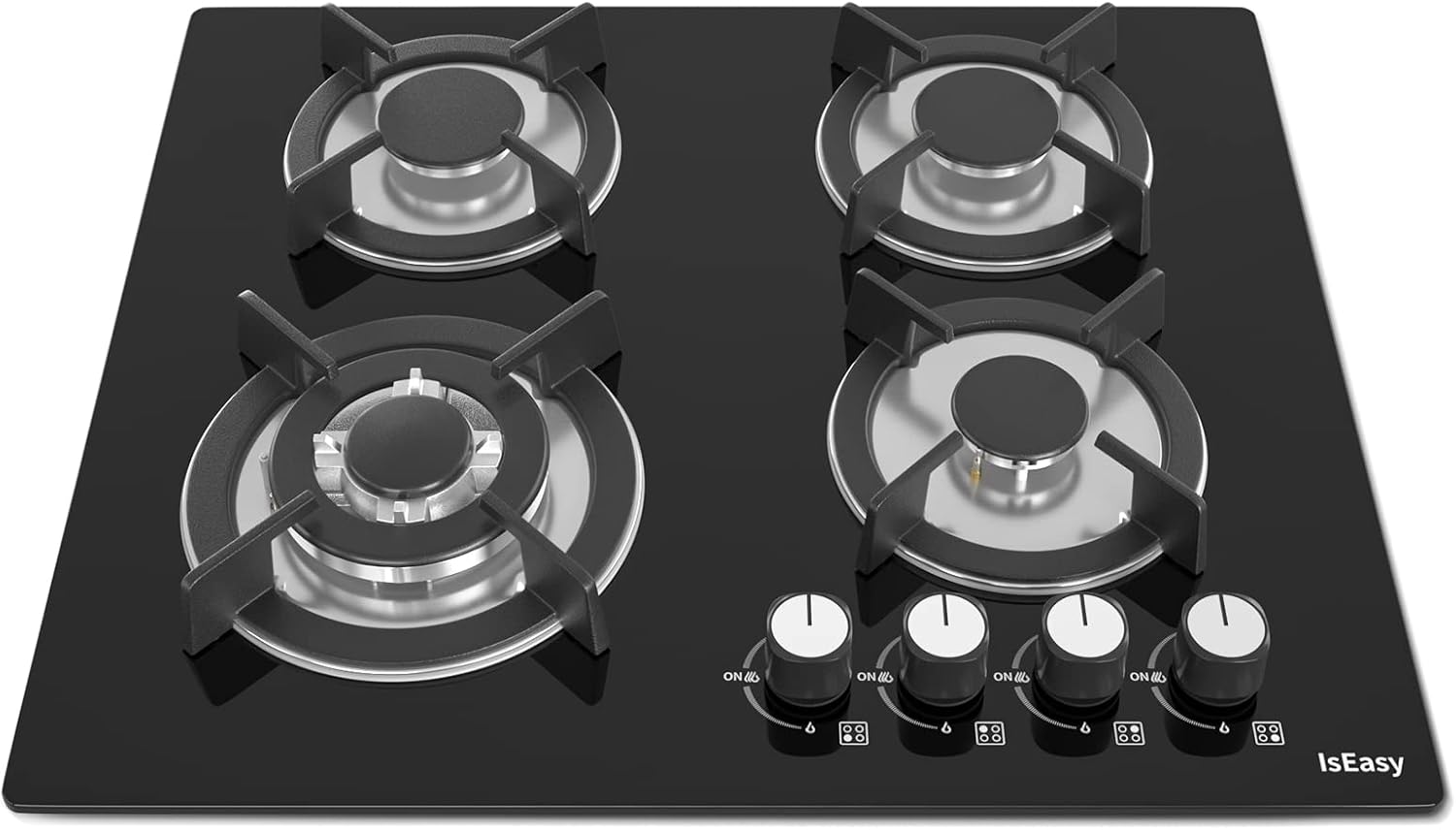 IsEasy Piano Cottura a Gas 4 Fuochi, Vetro con Protezione Termica Automatica, Gas Naturale e Propano, Gas on Glass 60cm da Incasso