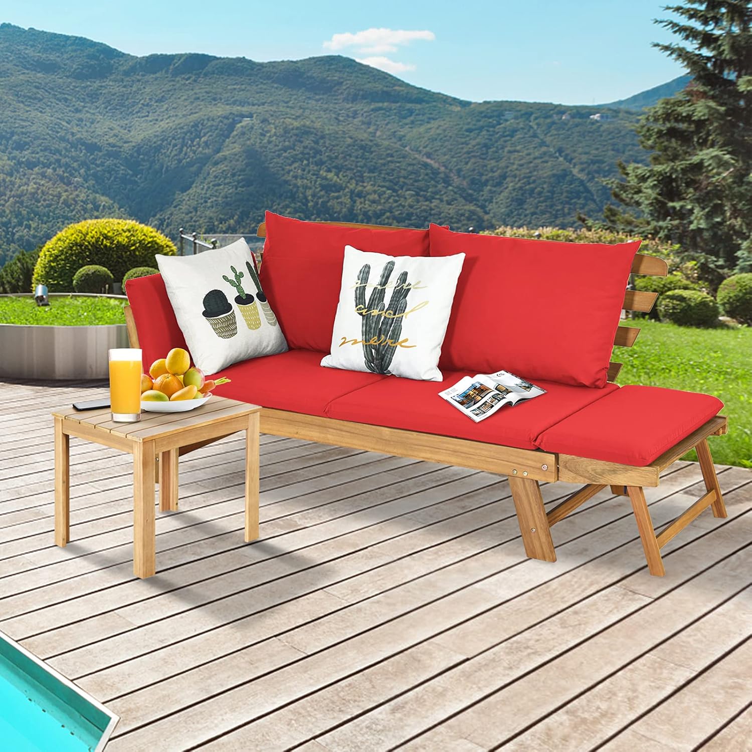 GYMAX 2 in 1 Outdoor Sofa 2 Seater Garden Sofa Bed with Cushion, Folding Wooden Garden Lounger with Adjustable Armrests, Garden Sofa Set, 157-198 x 75 x 75 cm (Red)