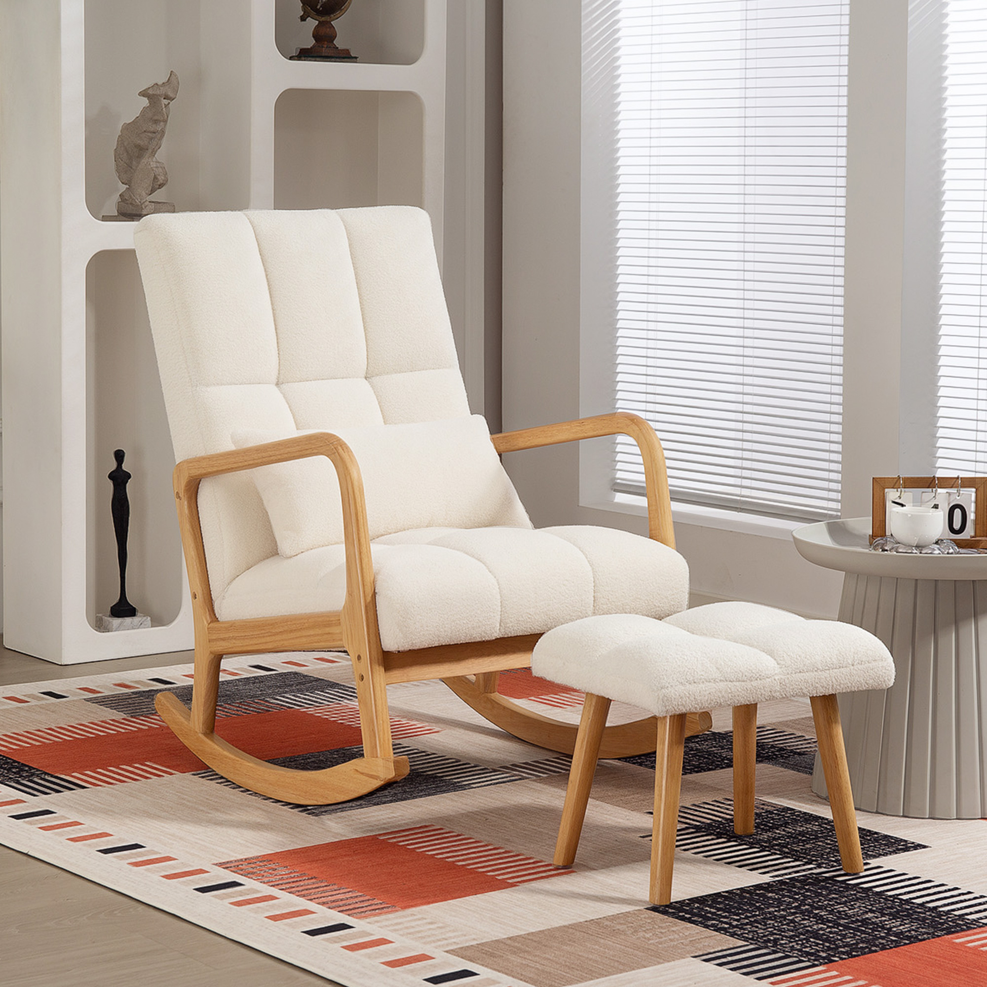 Schommelstoel met Voetensteun, Fleece-Bekleding, Hoge Rugleuning, Houten Poten, Voetpads, Wit