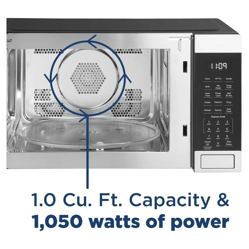 Open Box GE 3-in-1 Microwave Oven, 1,050 Watts Air Fryer, Broiler and Convection Mode, Child-Lock Technology, Kitchen Essentials for The Countertop or Dorm Room, 1.0 Cu. Ft., Stainless Steel