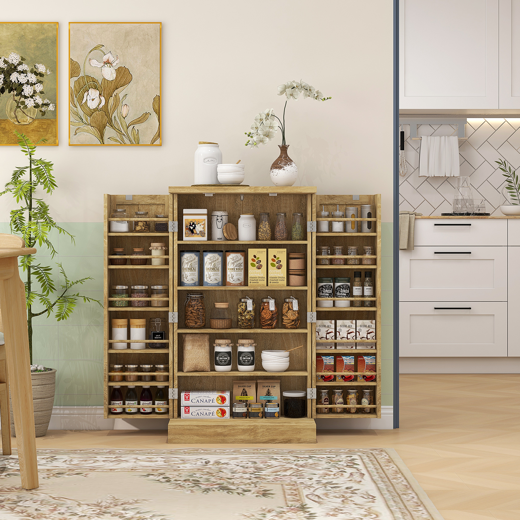HOMCOM Buffet Küche Küchenmöbel Aufbewahrung mit 12 Regalen an Türen verstellbar 60 x 30 x 104 cm Naturholzoptik