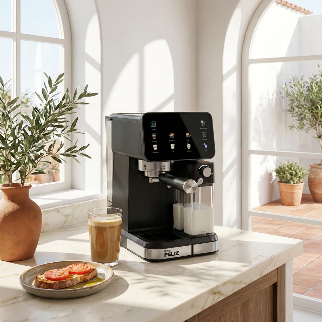 Don Feliz Macchina da caffè espresso semiautomatica, 20 bar, 1350 W, con display LCD, serbatoio del latte da 500 ml, serbatoio dell'acqua da 1,5 l, compatibile con Nespresso, Cappuccino, Americano