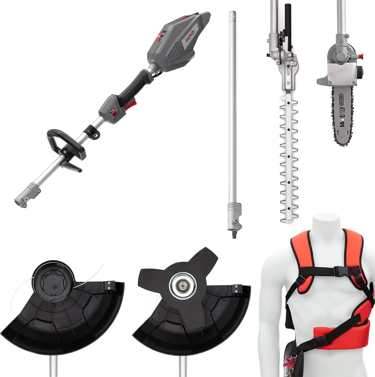 IKRA Rasentrimmer, 36 V, Grau/Schwarz/Rot, Akku Multitool IB-MT 36, 4in1: Freischneider, Heckenschere & Hochentaster