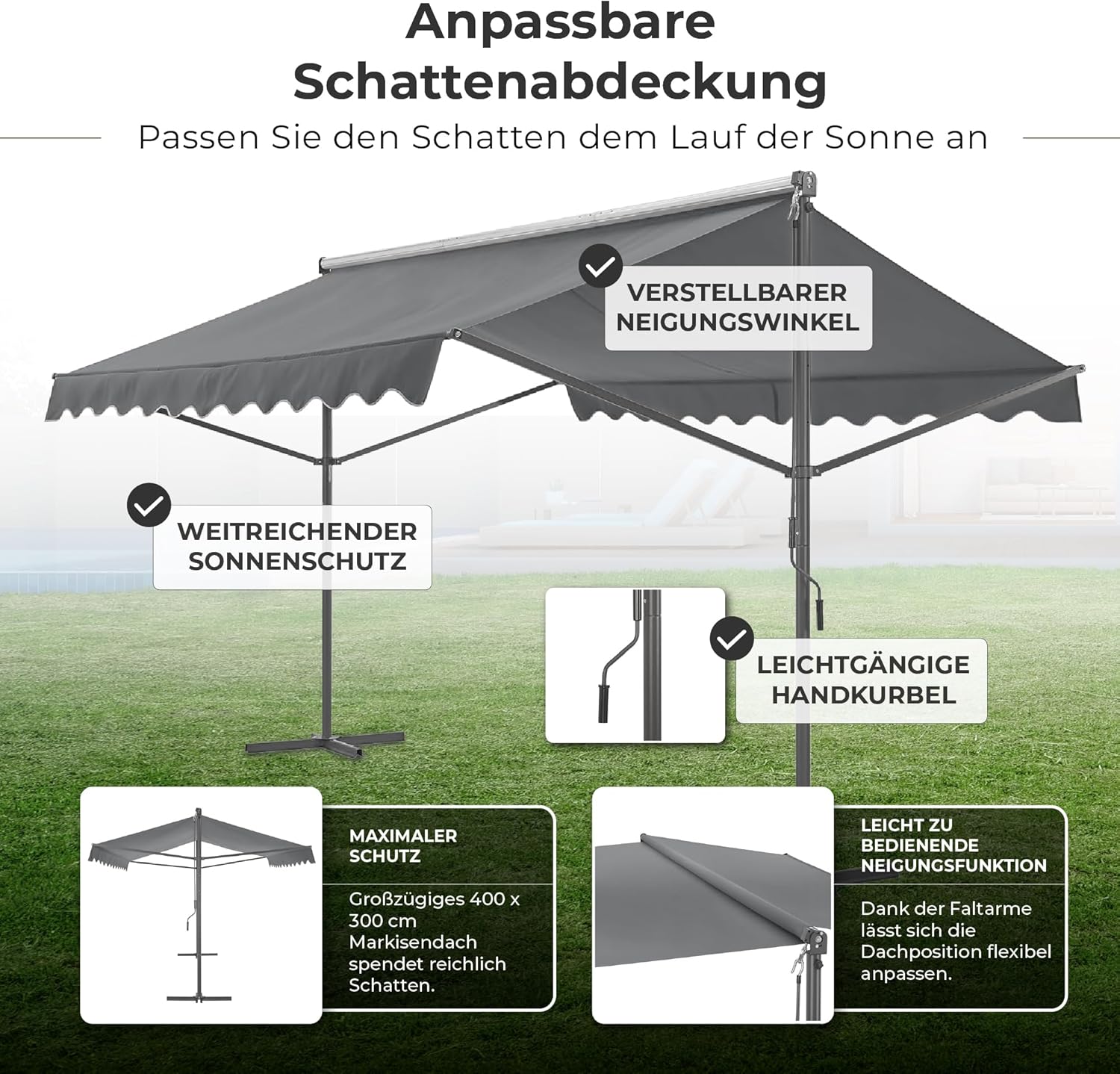 pro.tec Standmarkise Selenizza freistehende Markise 400x300x260cm Gartenmarkise Sonnenschutz Terrassenüberdachung Outdoor Terrasse Garten Balkon Dunkelgrau