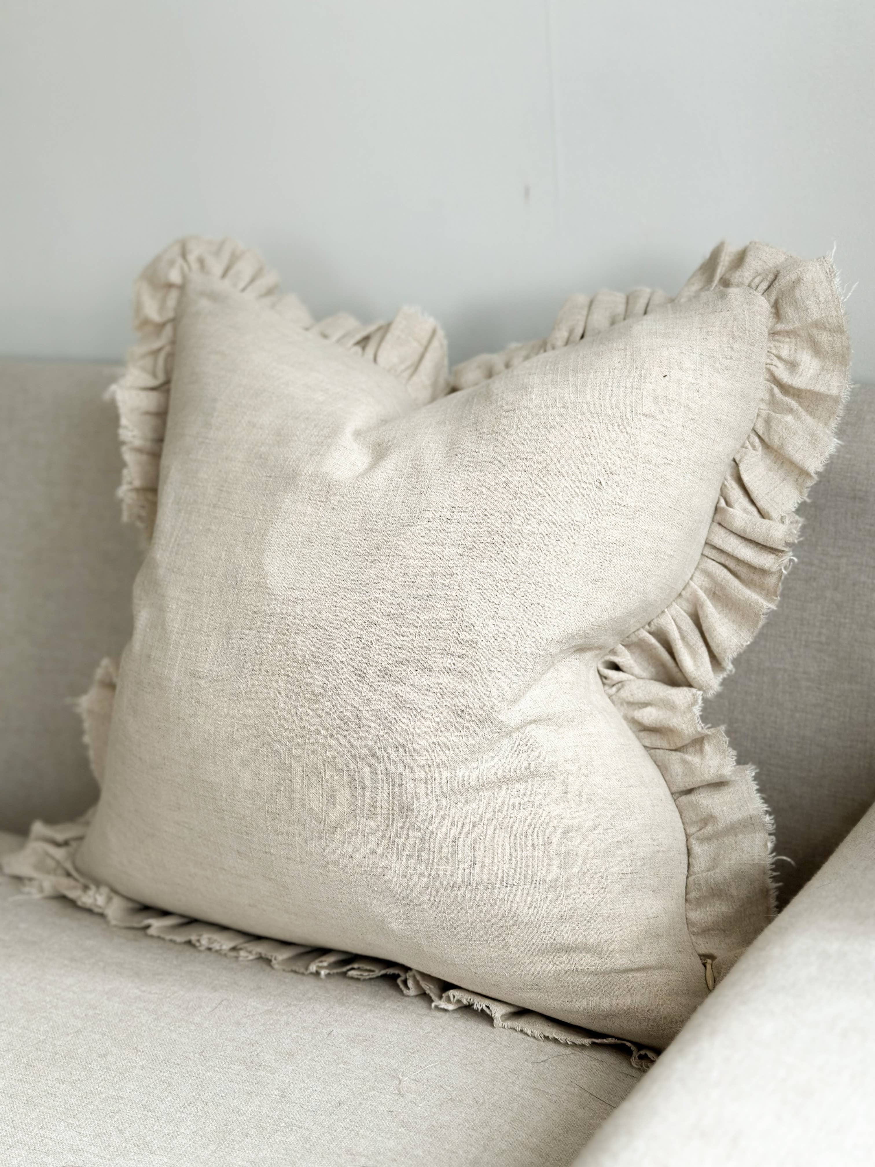 Ruffled Linen Cushion �C Sand | 53cm x 53cm | Feather Filled